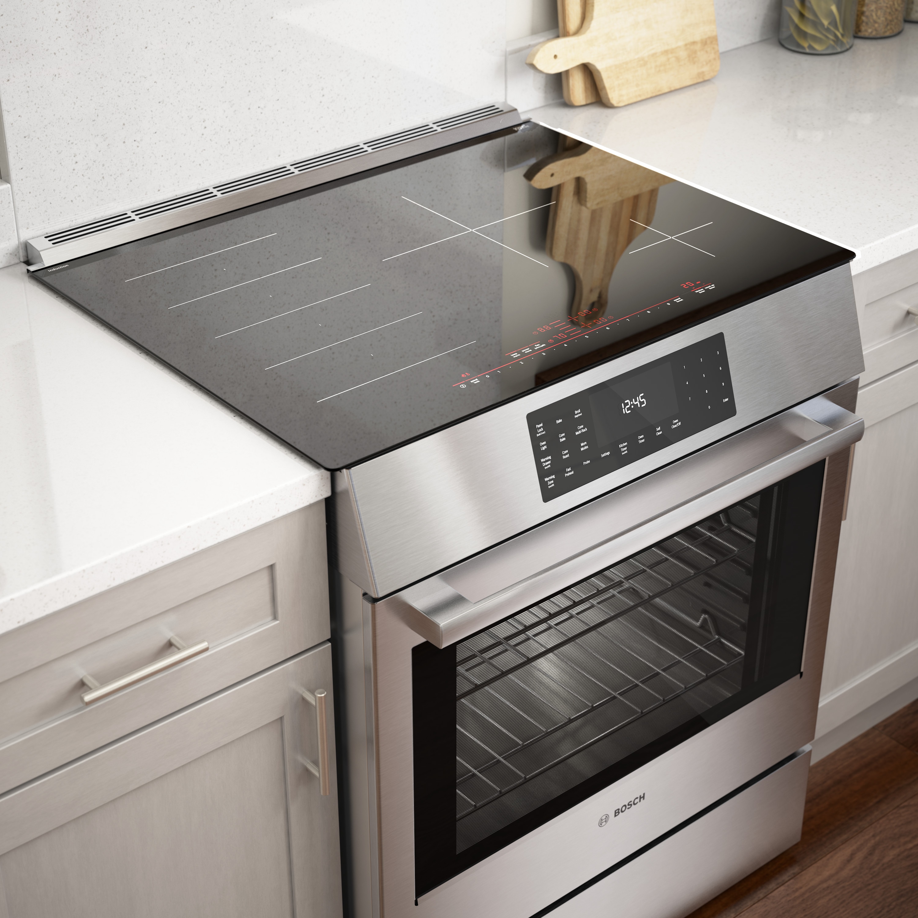 Estufa de Inducción Deslizable de 30 Pulgadas de la Serie de Referencia de Bosch con 4 Quemadores y Horno de Convección de 4.6 Pies Cúbicos (Acero Inoxidable) HIIP057U