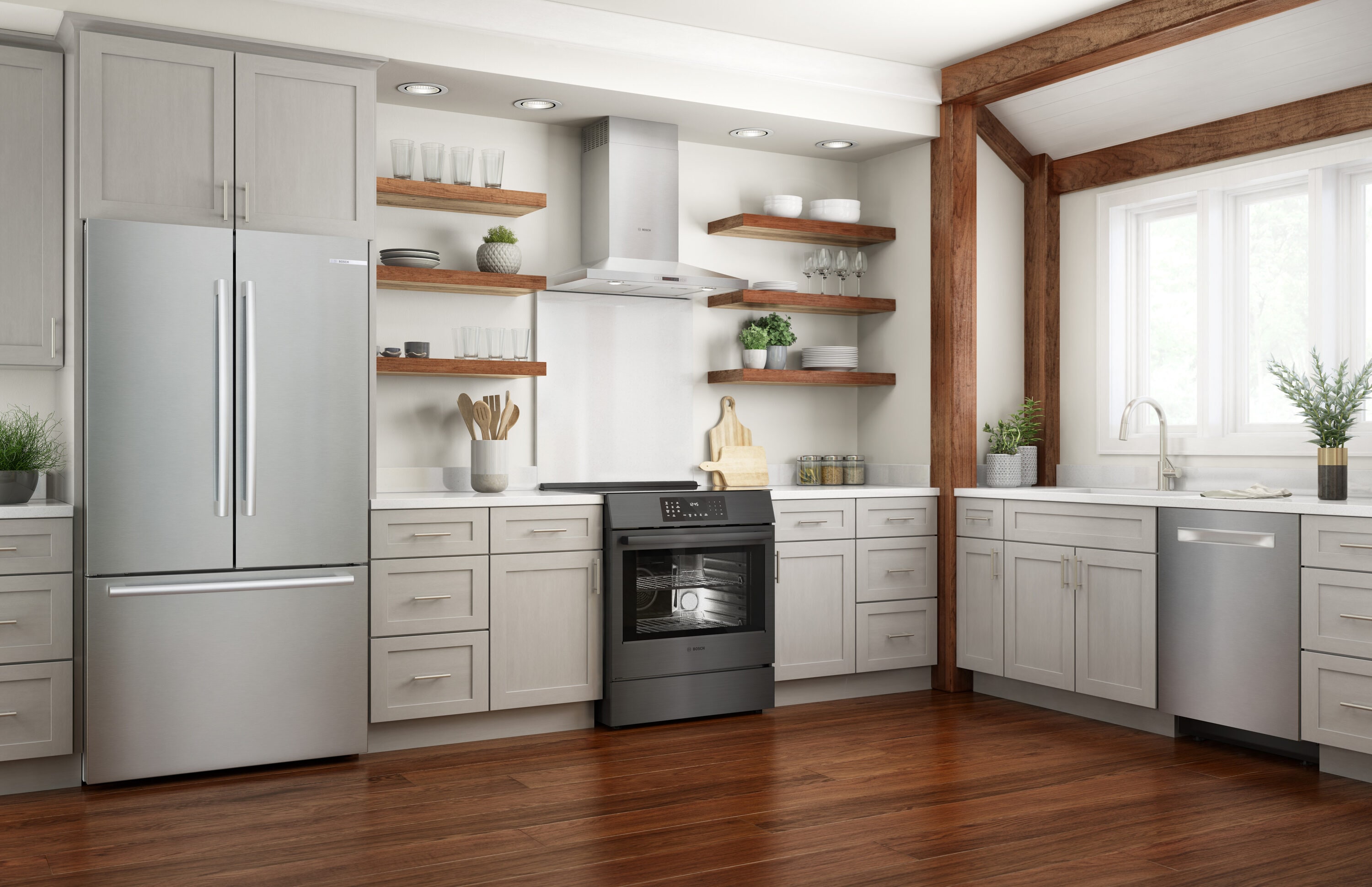 Estufa de inducción deslizante de un solo quemador con horno de convección de 4.6 pies cúbicos y 4 quemadores de la Serie 800 de Bosch (acero inoxidable negro) HII8047U