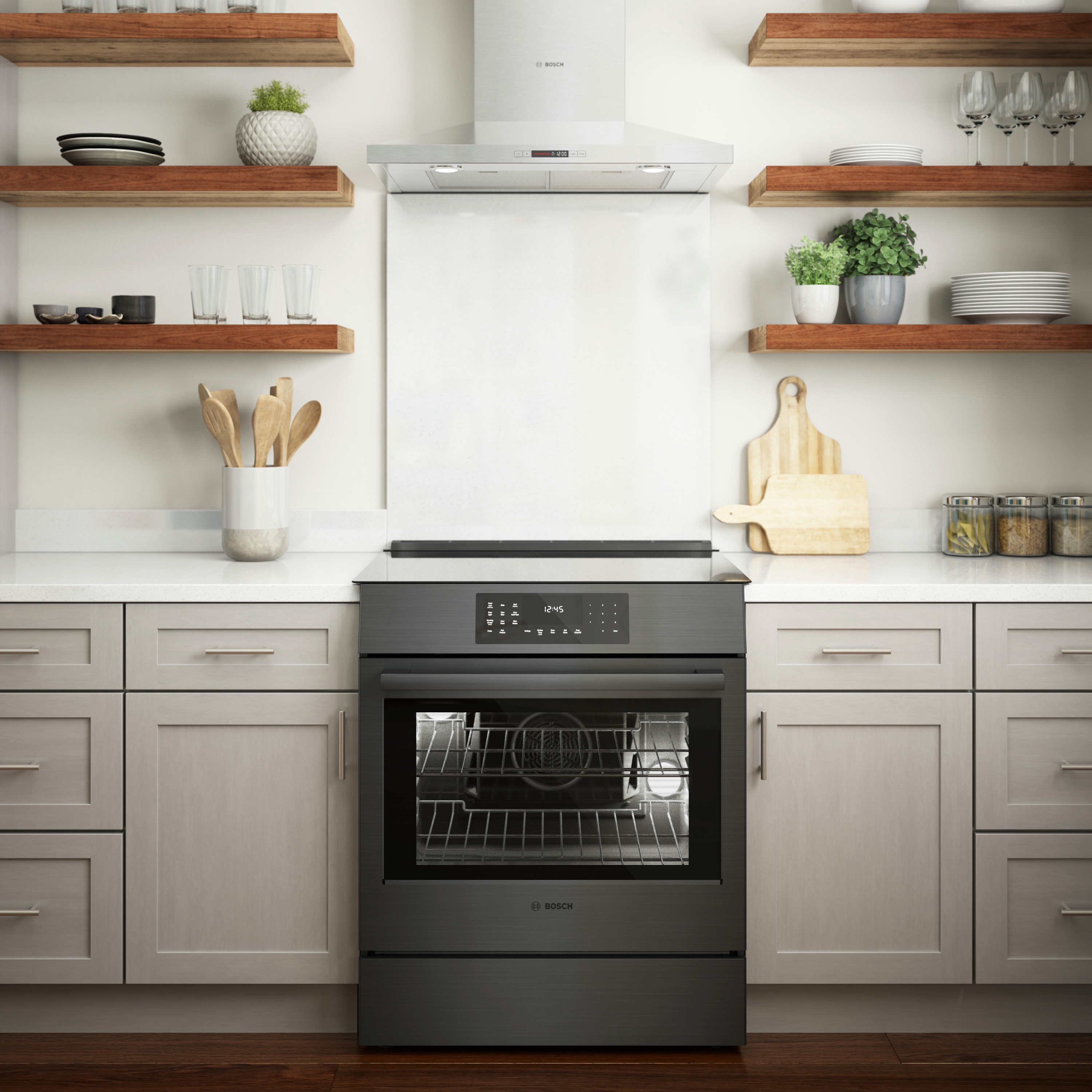 Estufa de inducción deslizante de un solo quemador con horno de convección de 4.6 pies cúbicos y 4 quemadores de la Serie 800 de Bosch (acero inoxidable negro) HII8047U