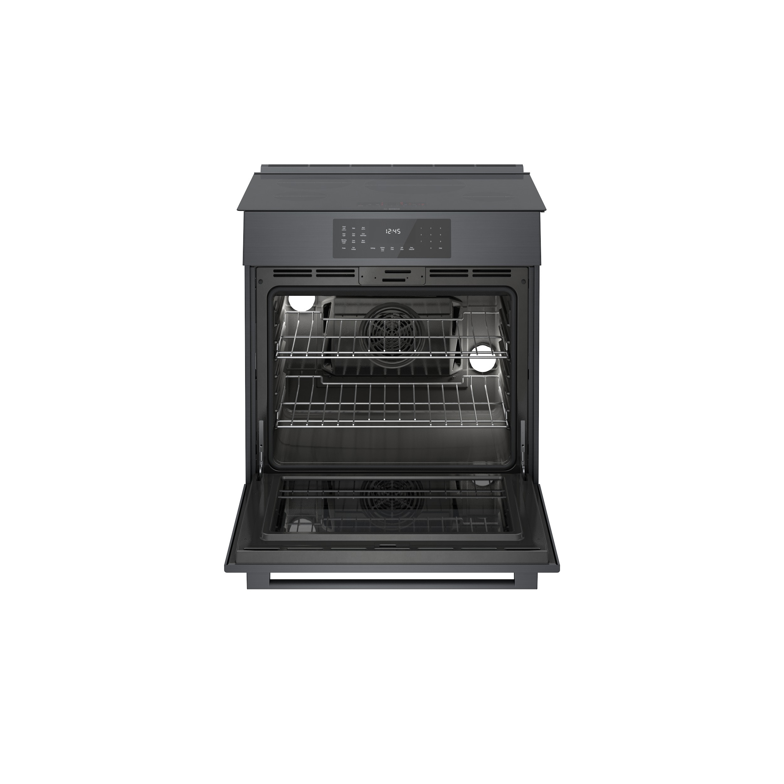 Estufa de inducción deslizante de un solo quemador con horno de convección de 4.6 pies cúbicos y 4 quemadores de la Serie 800 de Bosch (acero inoxidable negro) HII8047U