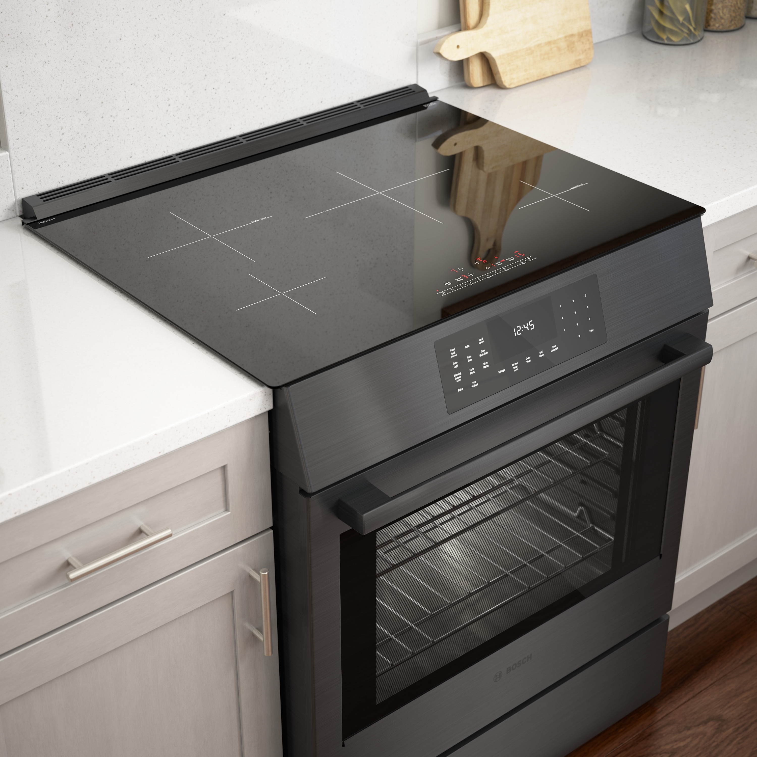 Estufa de inducción deslizante de un solo quemador con horno de convección de 4.6 pies cúbicos y 4 quemadores de la Serie 800 de Bosch (acero inoxidable negro) HII8047U