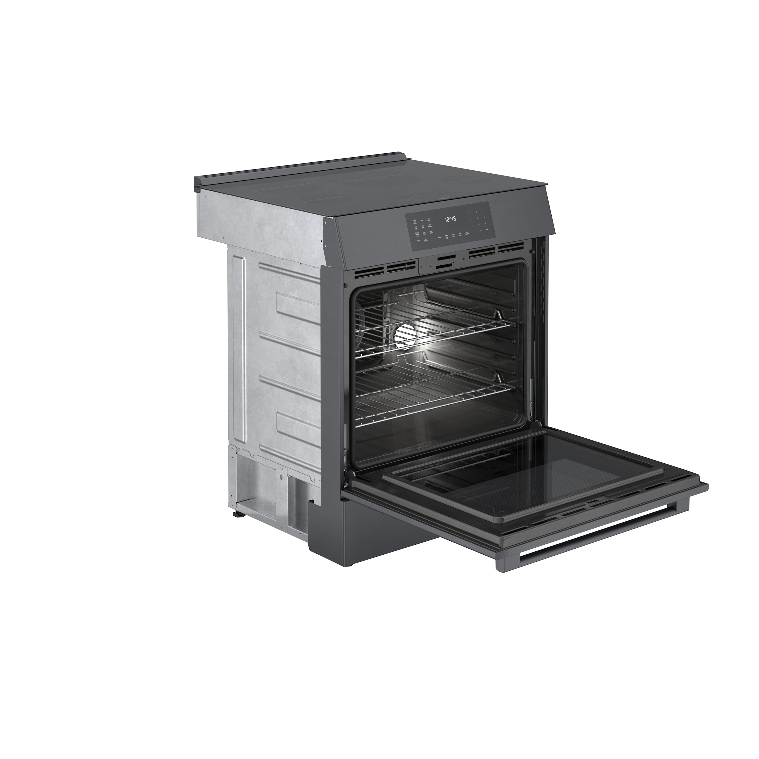 Estufa de inducción deslizante de un solo quemador con horno de convección de 4.6 pies cúbicos y 4 quemadores de la Serie 800 de Bosch (acero inoxidable negro) HII8047U