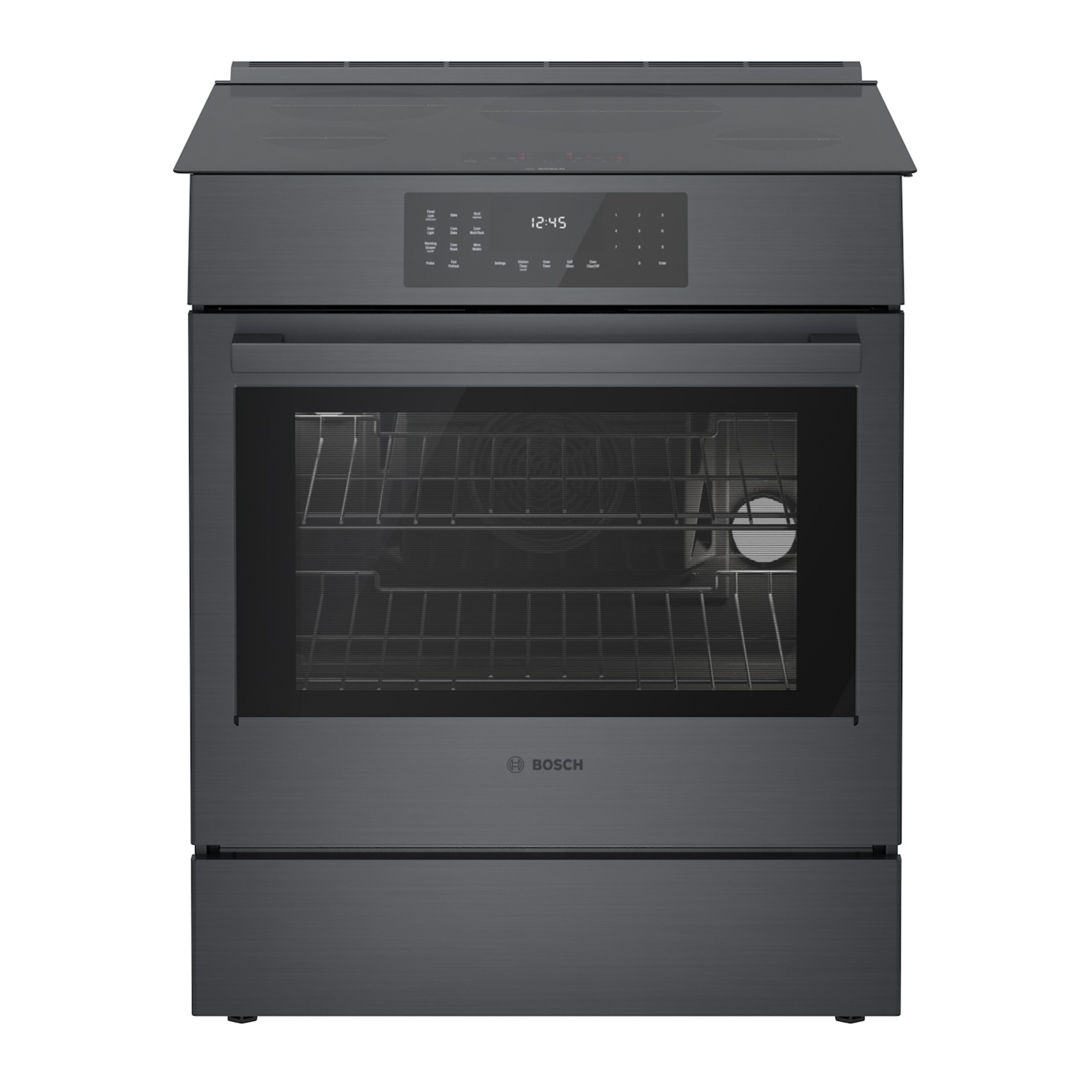 Estufa de inducción deslizante de un solo quemador con horno de convección de 4.6 pies cúbicos y 4 quemadores de la Serie 800 de Bosch (acero inoxidable negro) HII8047U