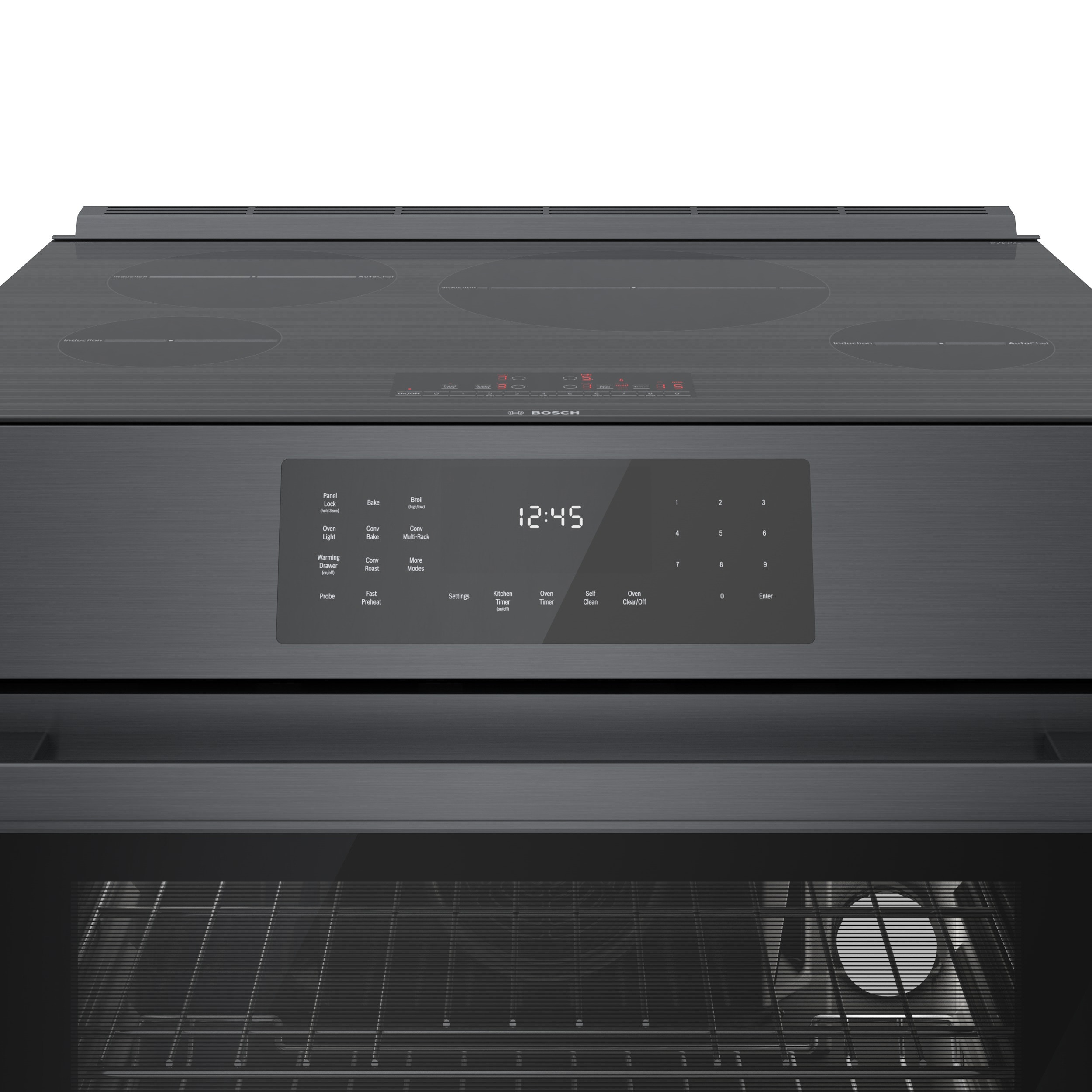 Estufa de inducción deslizante de un solo quemador con horno de convección de 4.6 pies cúbicos y 4 quemadores de la Serie 800 de Bosch (acero inoxidable negro) HII8047U