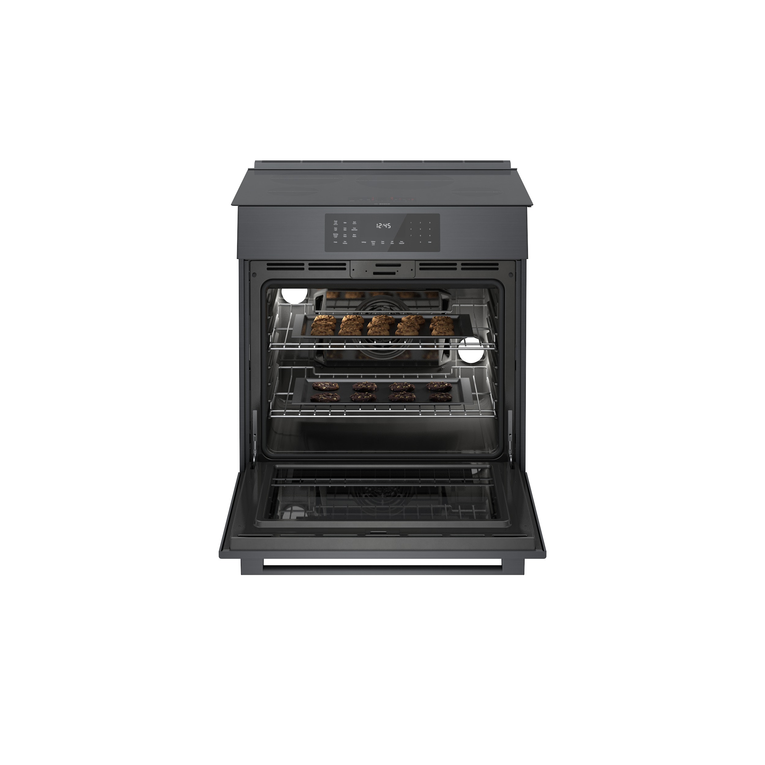 Estufa de inducción deslizante de un solo quemador con horno de convección de 4.6 pies cúbicos y 4 quemadores de la Serie 800 de Bosch (acero inoxidable negro) HII8047U
