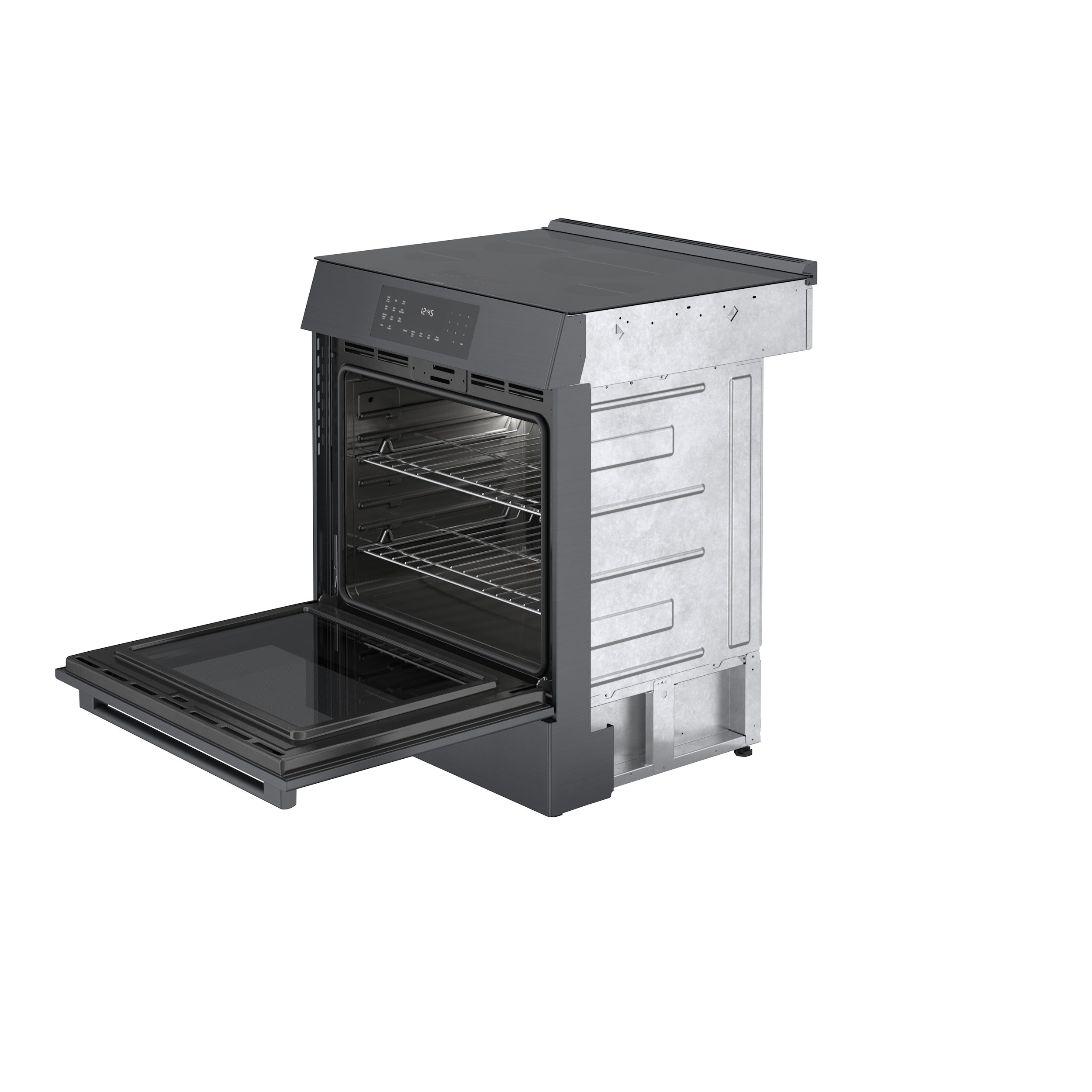 Estufa de inducción deslizante de un solo quemador con horno de convección de 4.6 pies cúbicos y 4 quemadores de la Serie 800 de Bosch (acero inoxidable negro) HII8047U