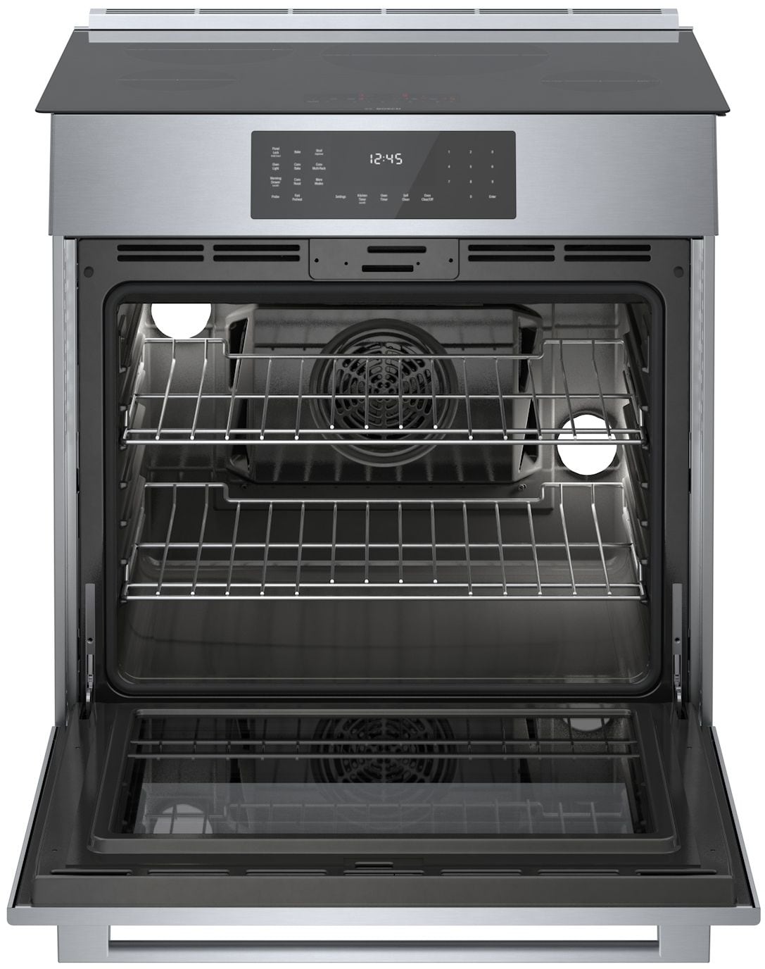 Cocina de inducción deslizable de un solo rango con horno de convección de la serie 800 de Bosch, 4 quemadores de 30 pulgadas y 4.6 pies cúbicos (acero inoxidable) HII8057U