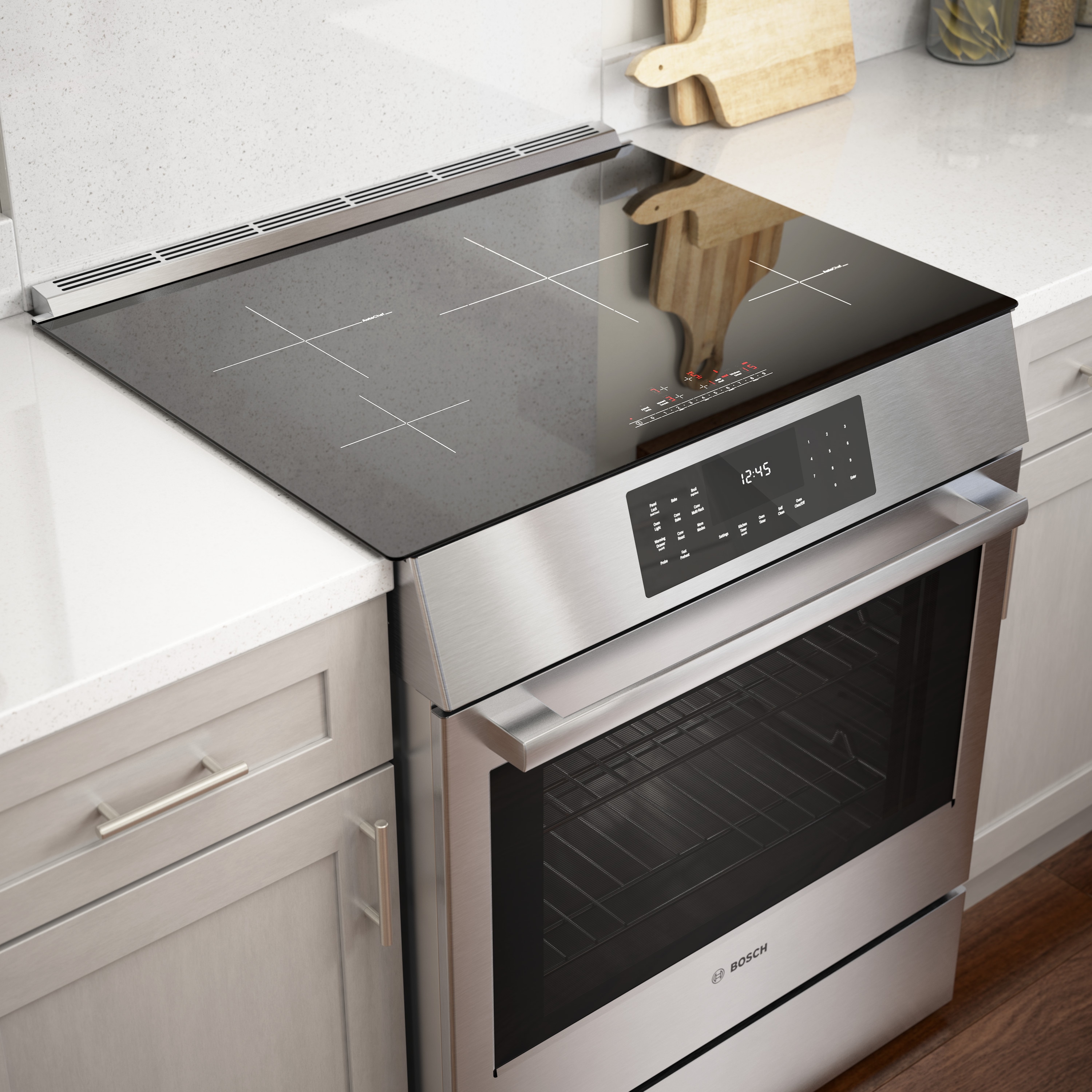 Cocina de inducción deslizable de un solo rango con horno de convección de la serie 800 de Bosch, 4 quemadores de 30 pulgadas y 4.6 pies cúbicos (acero inoxidable) HII8057U