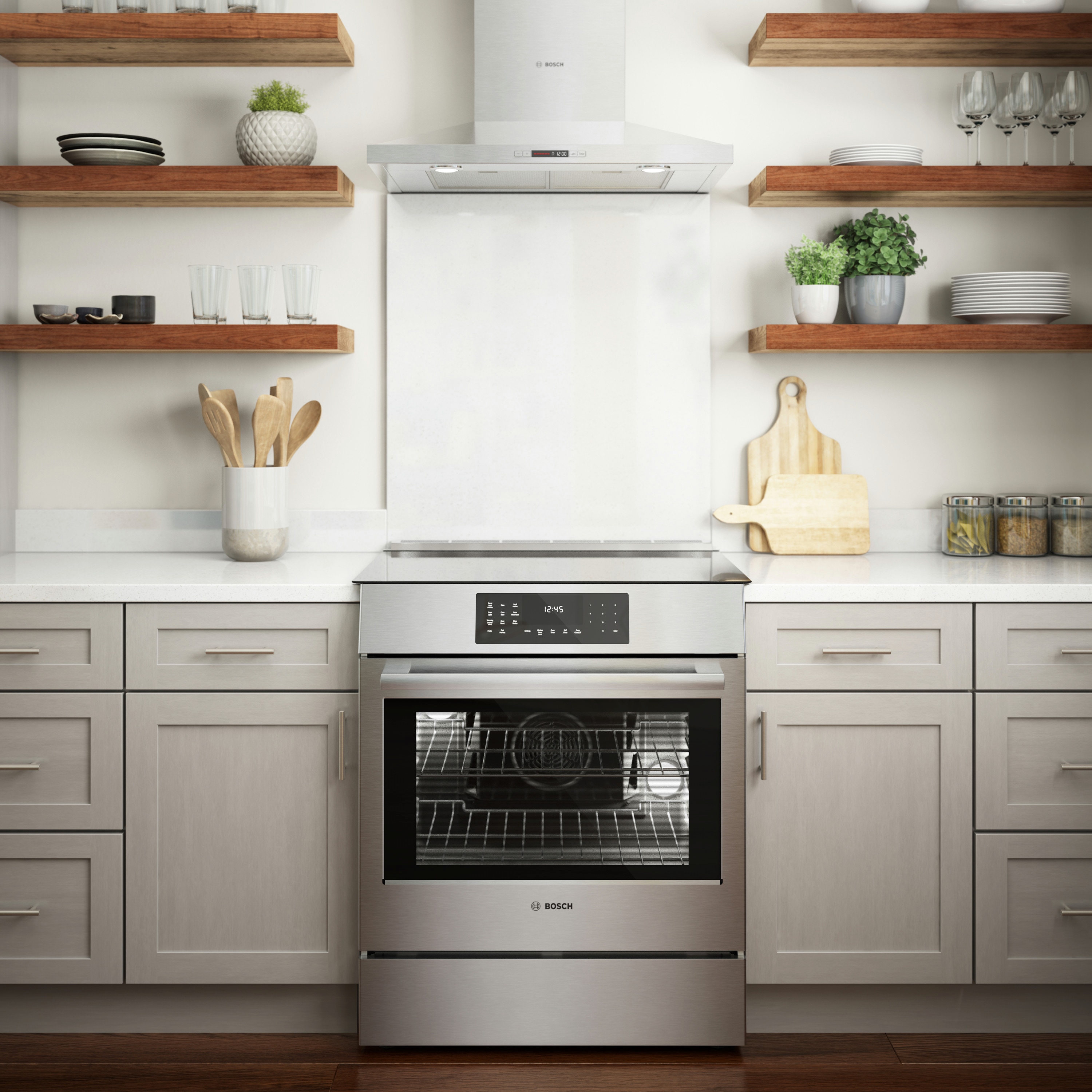 Cocina de inducción deslizable de un solo rango con horno de convección de la serie 800 de Bosch, 4 quemadores de 30 pulgadas y 4.6 pies cúbicos (acero inoxidable) HII8057U