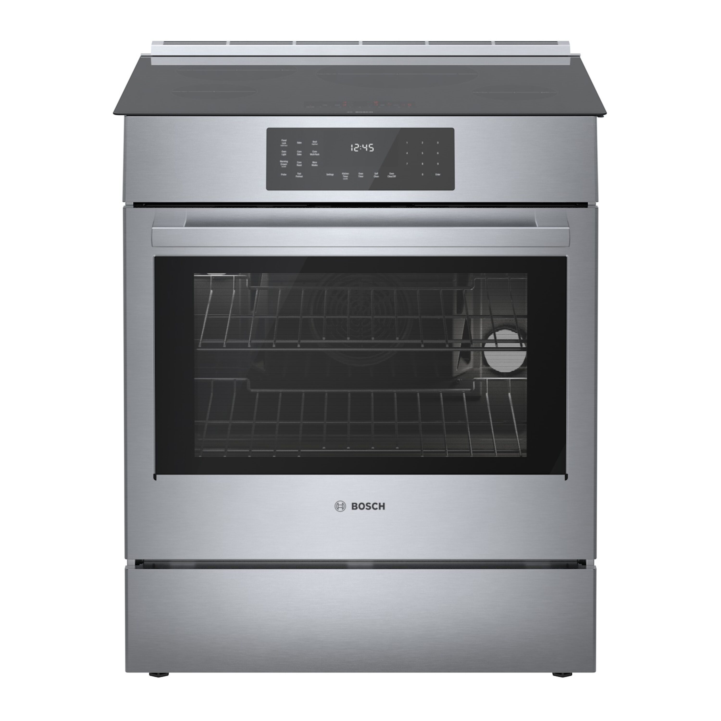 Cocina de inducción deslizable de un solo rango con horno de convección de la serie 800 de Bosch, 4 quemadores de 30 pulgadas y 4.6 pies cúbicos (acero inoxidable) HII8057U