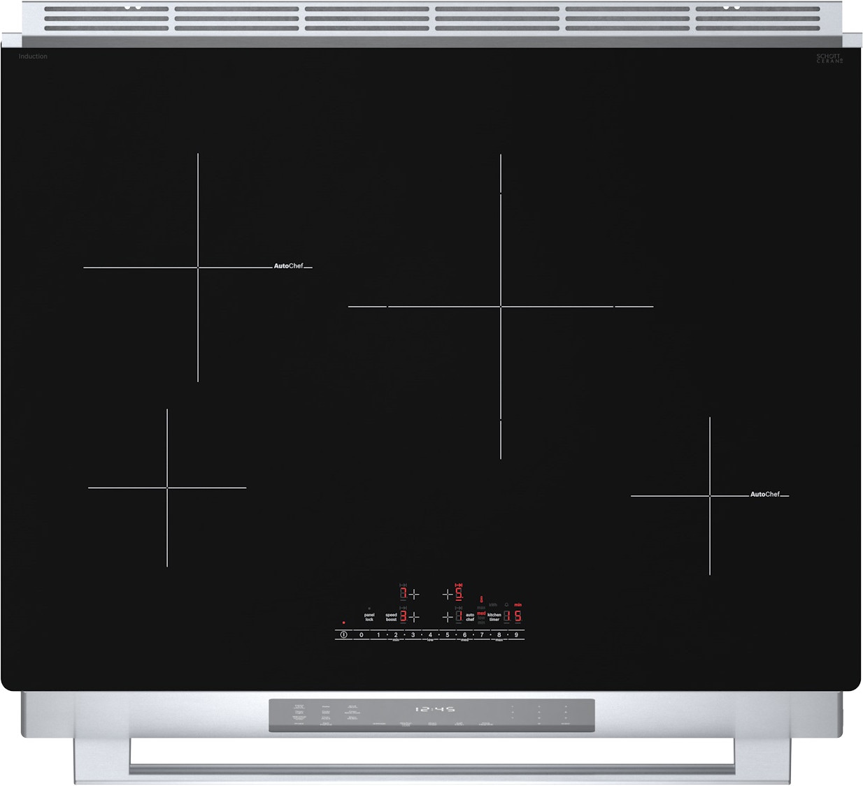 Cocina de inducción deslizable de un solo rango con horno de convección de la serie 800 de Bosch, 4 quemadores de 30 pulgadas y 4.6 pies cúbicos (acero inoxidable) HII8057U