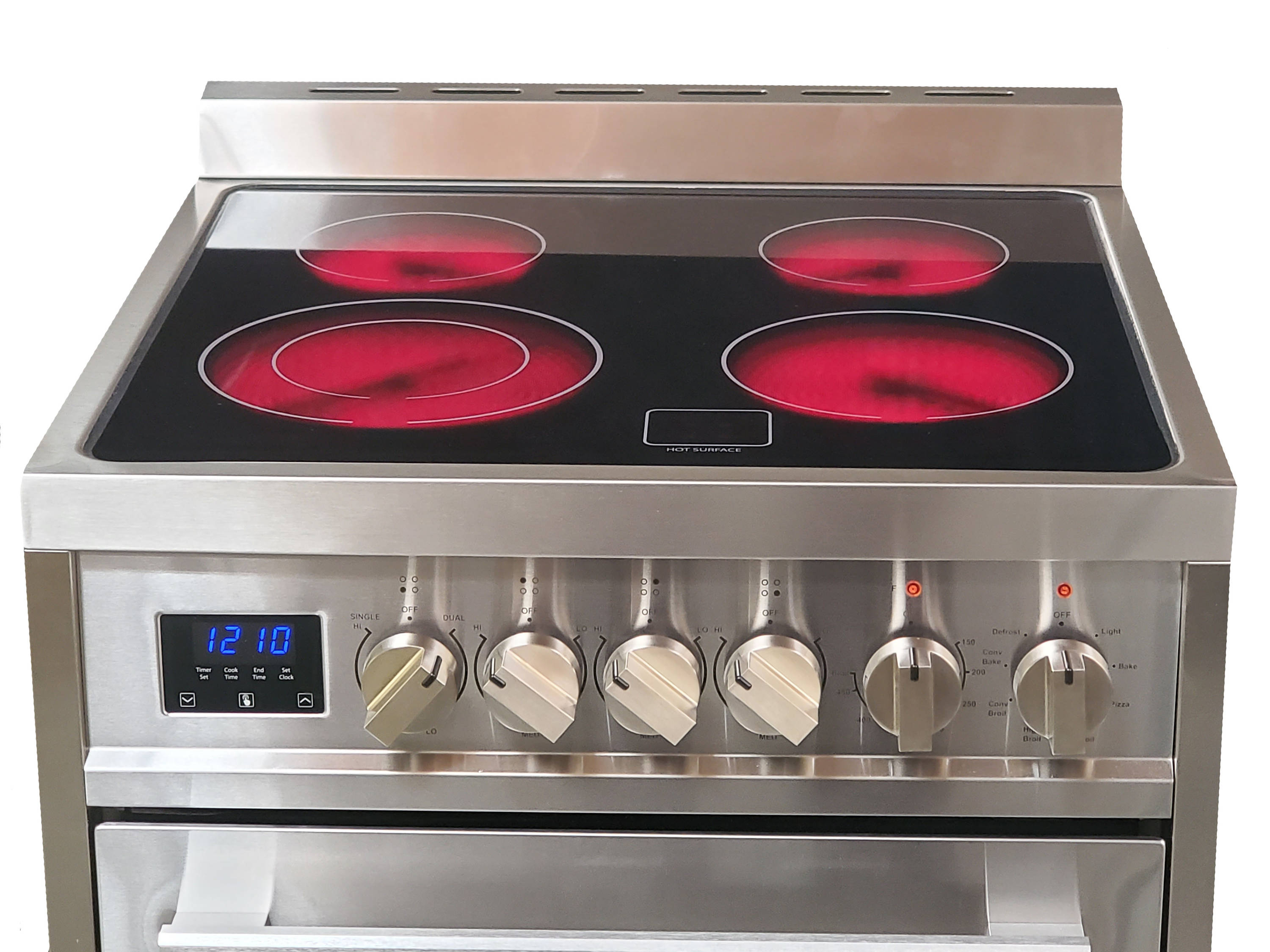 Estufa Eléctrica Independiente con Horno de Convección de 2.5 pies cúbicos, 4 quemadores y cubierta de vidrio de 24 pulgadas (acero inoxidable)