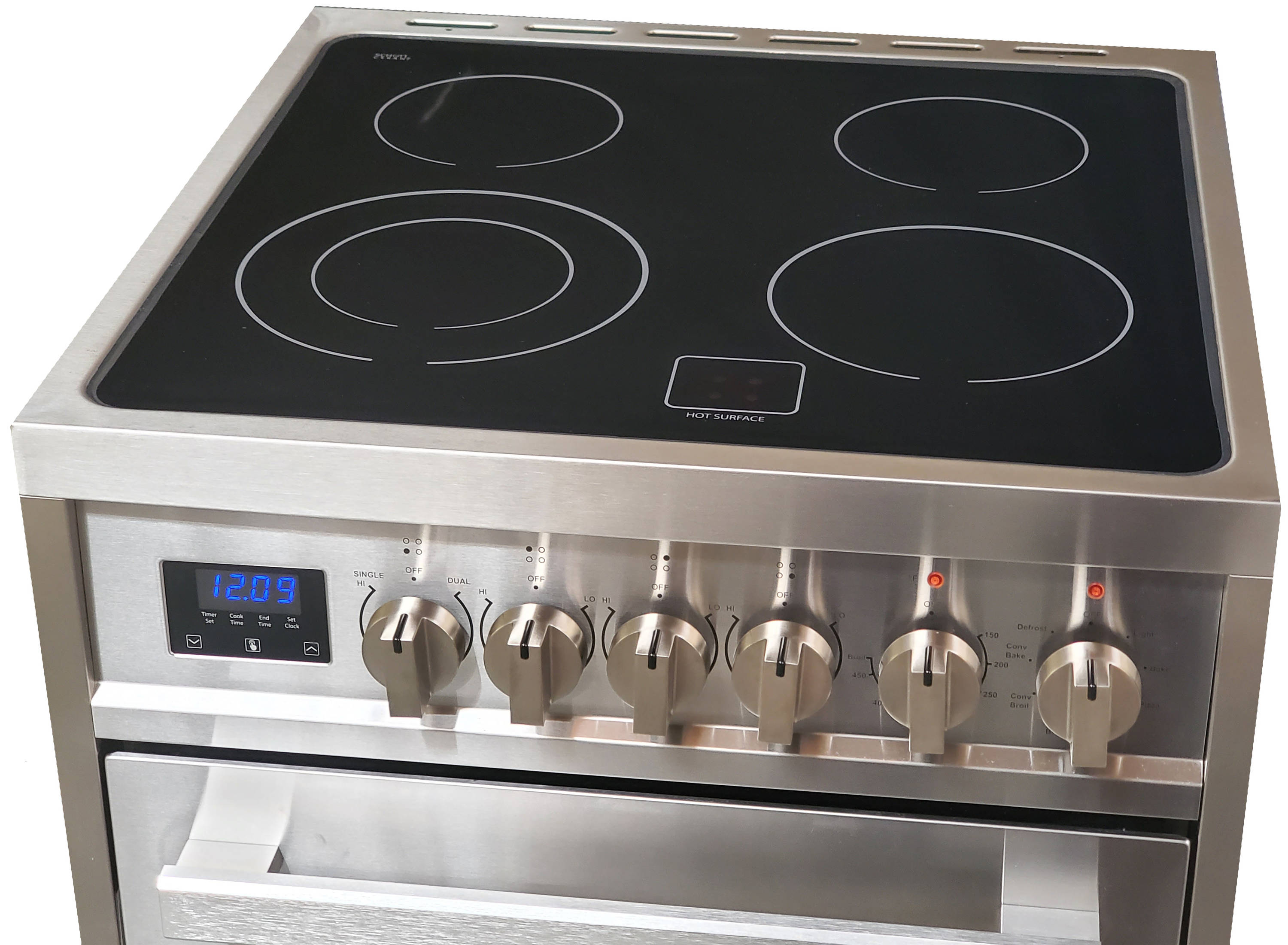 Estufa Eléctrica Independiente con Horno de Convección de 2.5 pies cúbicos, 4 quemadores y cubierta de vidrio de 24 pulgadas (acero inoxidable)