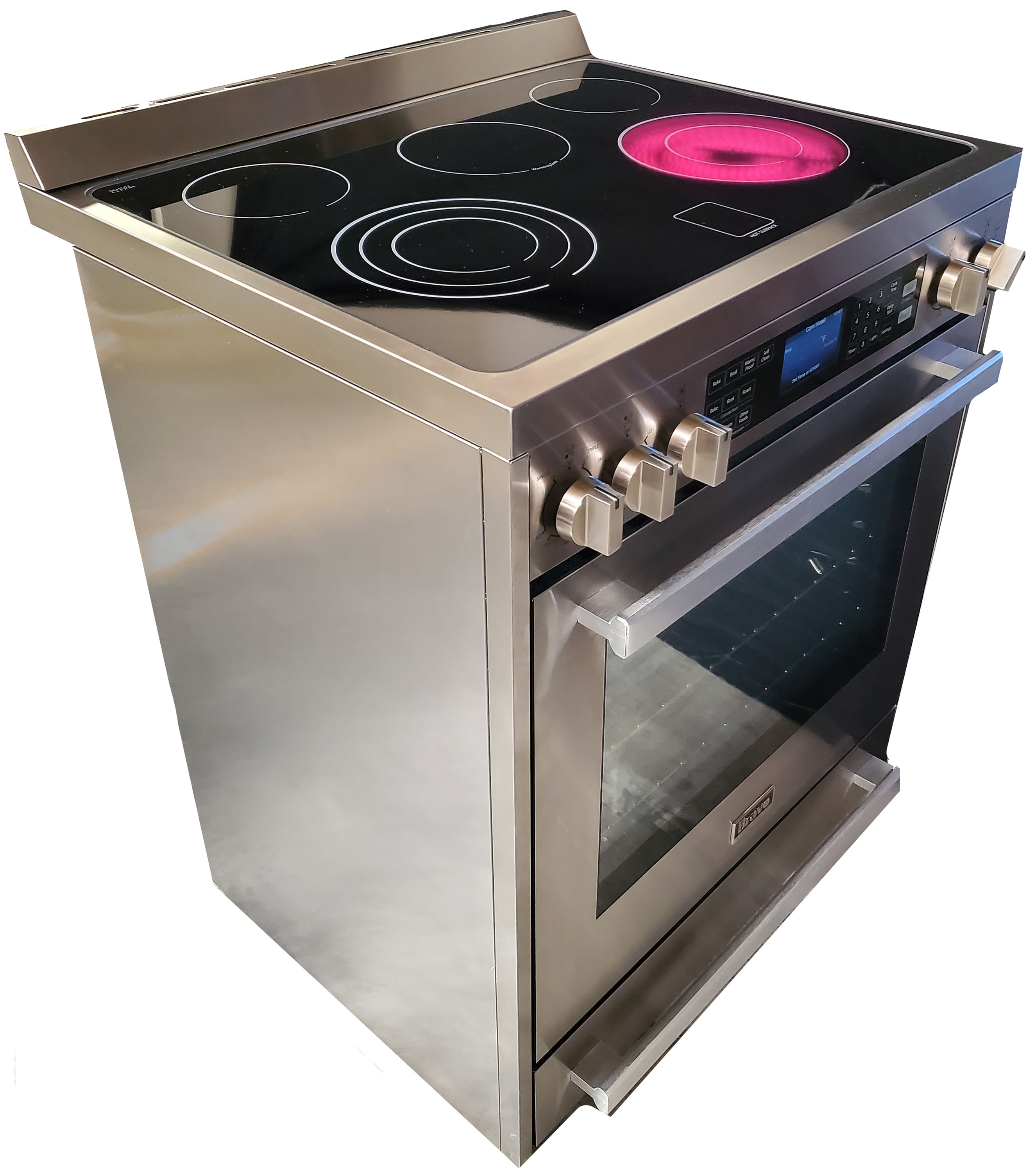 Estufa Eléctrica deslizable de 5 quemadores con horno de convección de 5 pies cúbicos y tapa de vidrio de 30 pulgadas en acero inoxidable Bravo Kitchen.