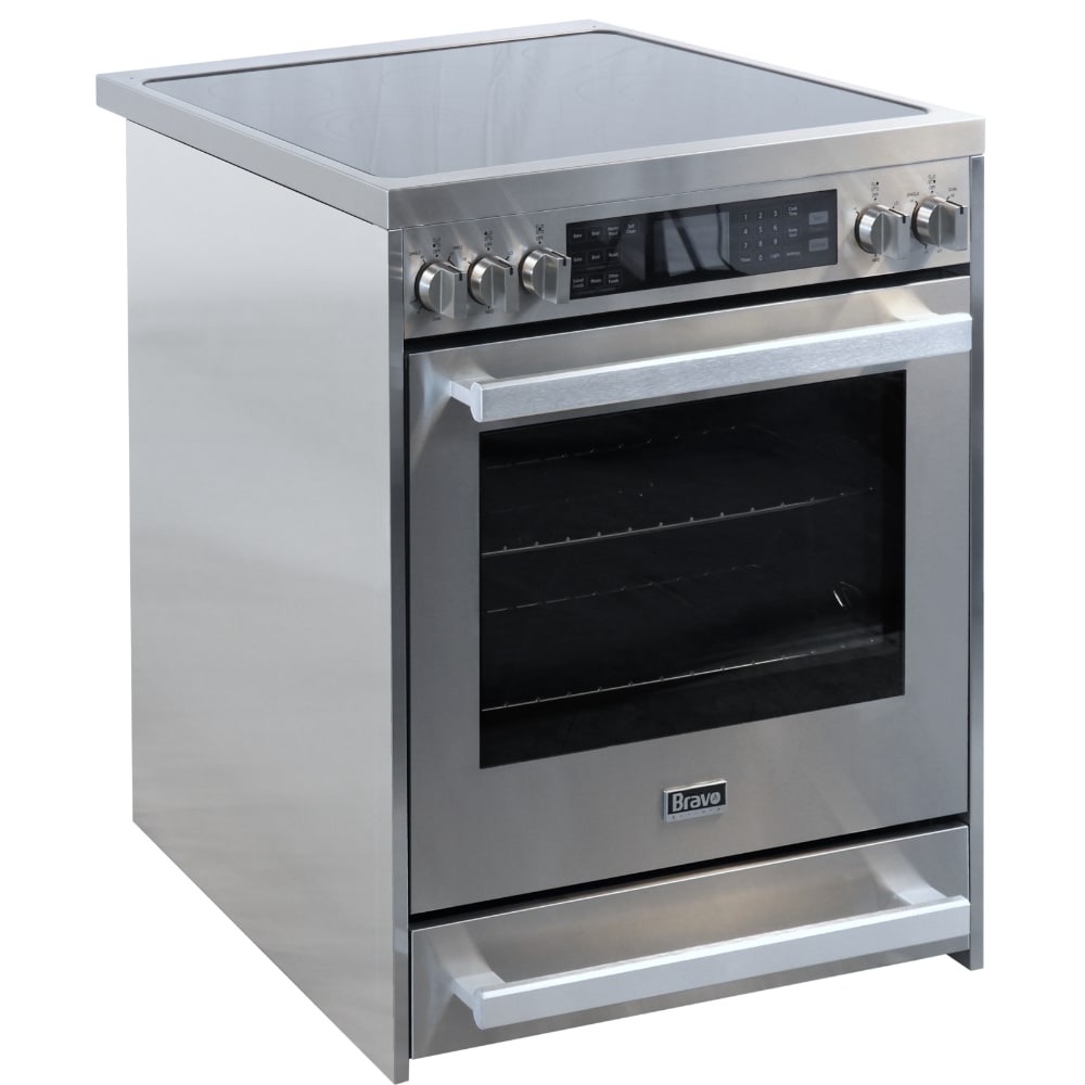 Estufa Eléctrica deslizable de 5 quemadores con horno de convección de 5 pies cúbicos y tapa de vidrio de 30 pulgadas en acero inoxidable Bravo Kitchen.