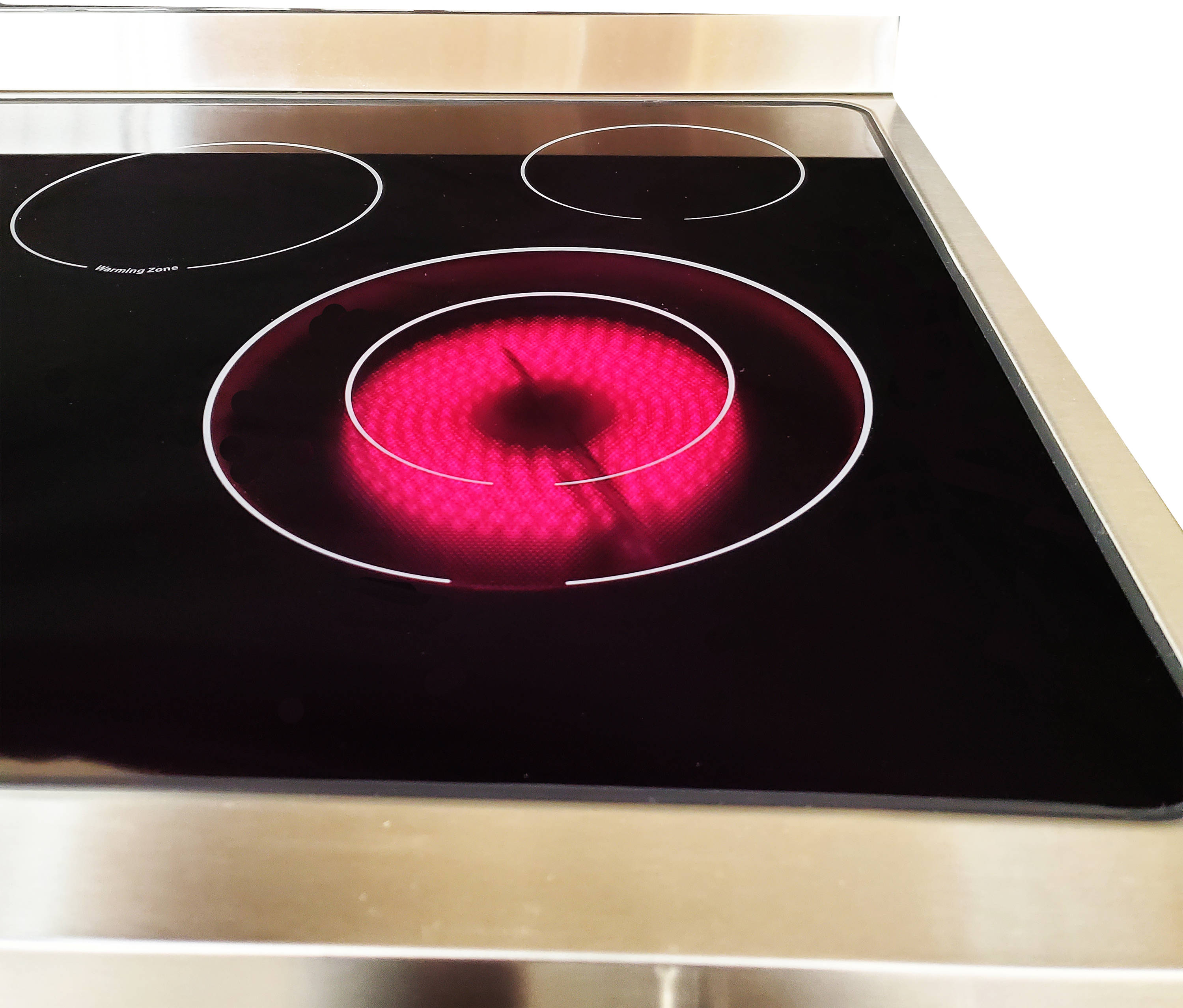 Estufa Eléctrica deslizable de 5 quemadores con horno de convección de 5 pies cúbicos y tapa de vidrio de 30 pulgadas en acero inoxidable Bravo Kitchen.