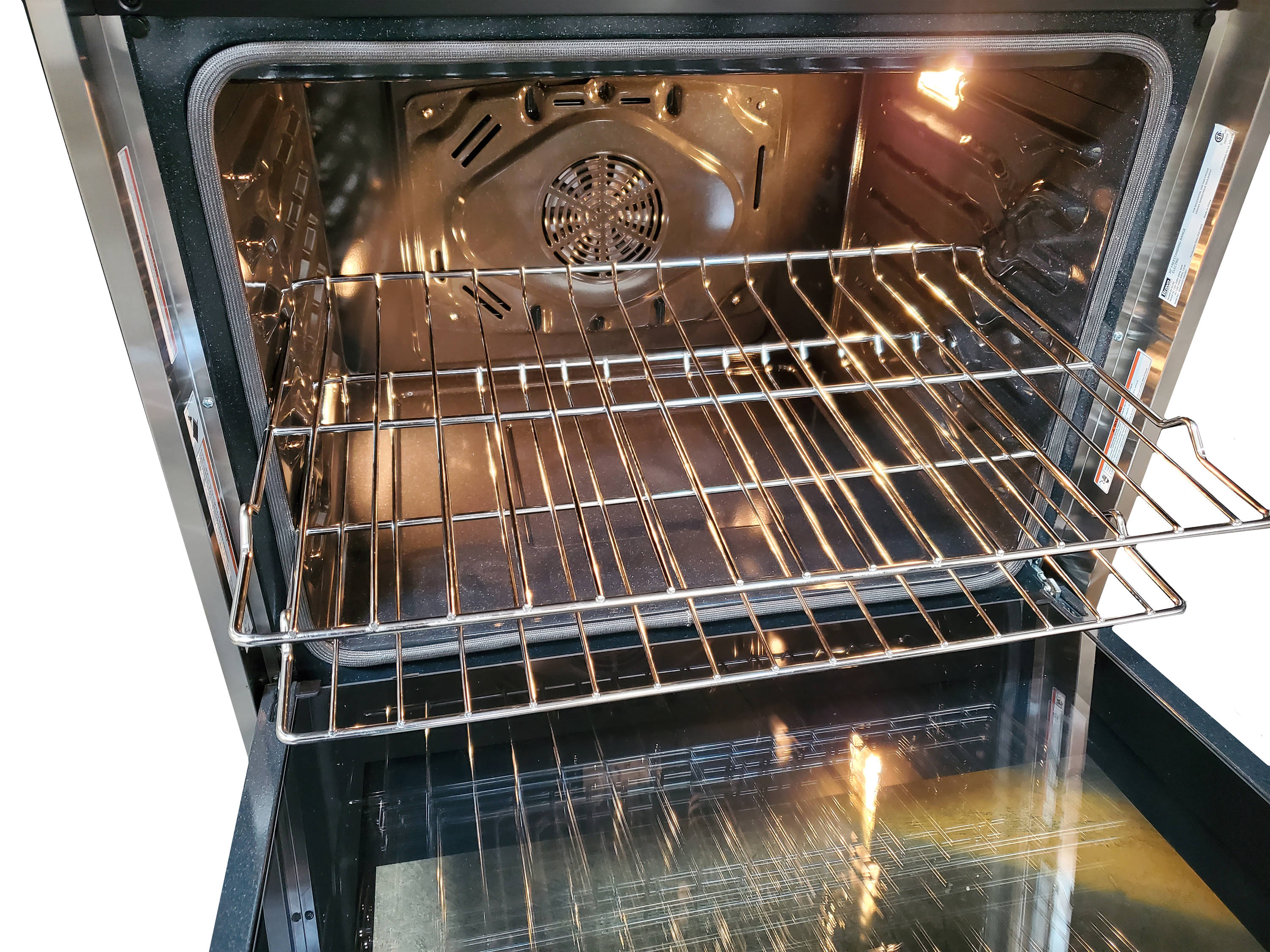 Estufa Eléctrica deslizable de 5 quemadores con horno de convección de 5 pies cúbicos y tapa de vidrio de 30 pulgadas en acero inoxidable Bravo Kitchen.