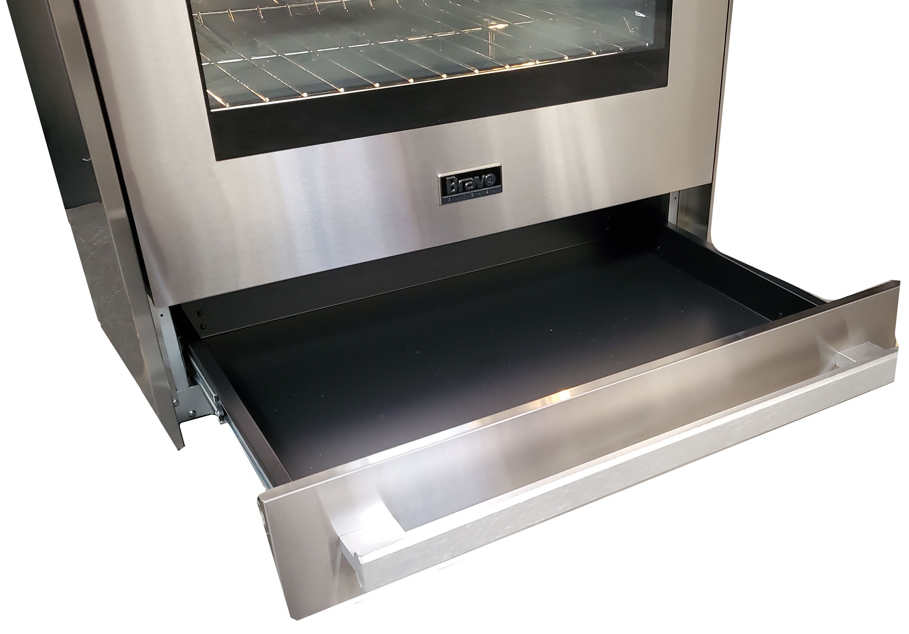 Estufa Eléctrica deslizable de 5 quemadores con horno de convección de 5 pies cúbicos y tapa de vidrio de 30 pulgadas en acero inoxidable Bravo Kitchen.