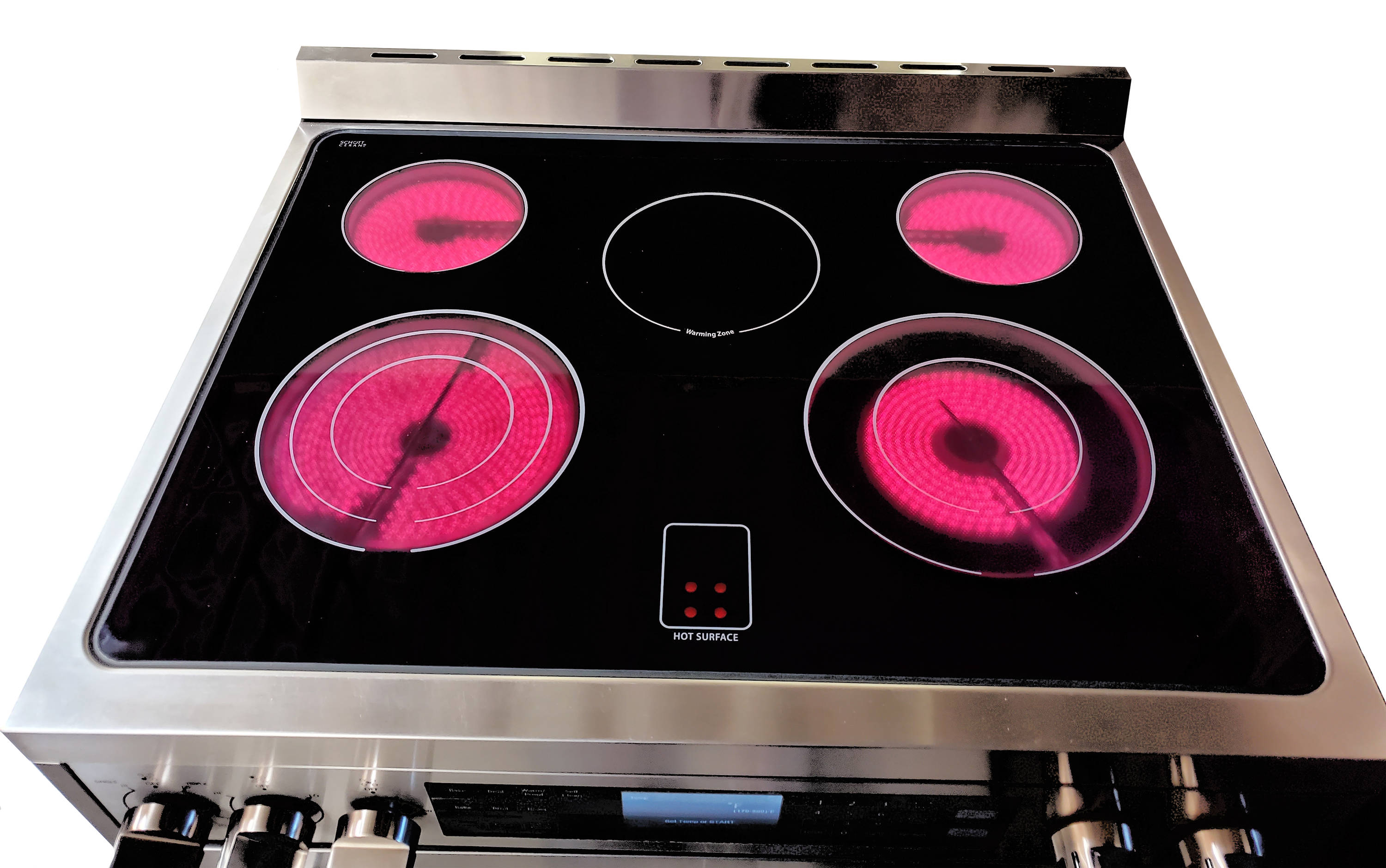 Estufa Eléctrica deslizable de 5 quemadores con horno de convección de 5 pies cúbicos y tapa de vidrio de 30 pulgadas en acero inoxidable Bravo Kitchen.
