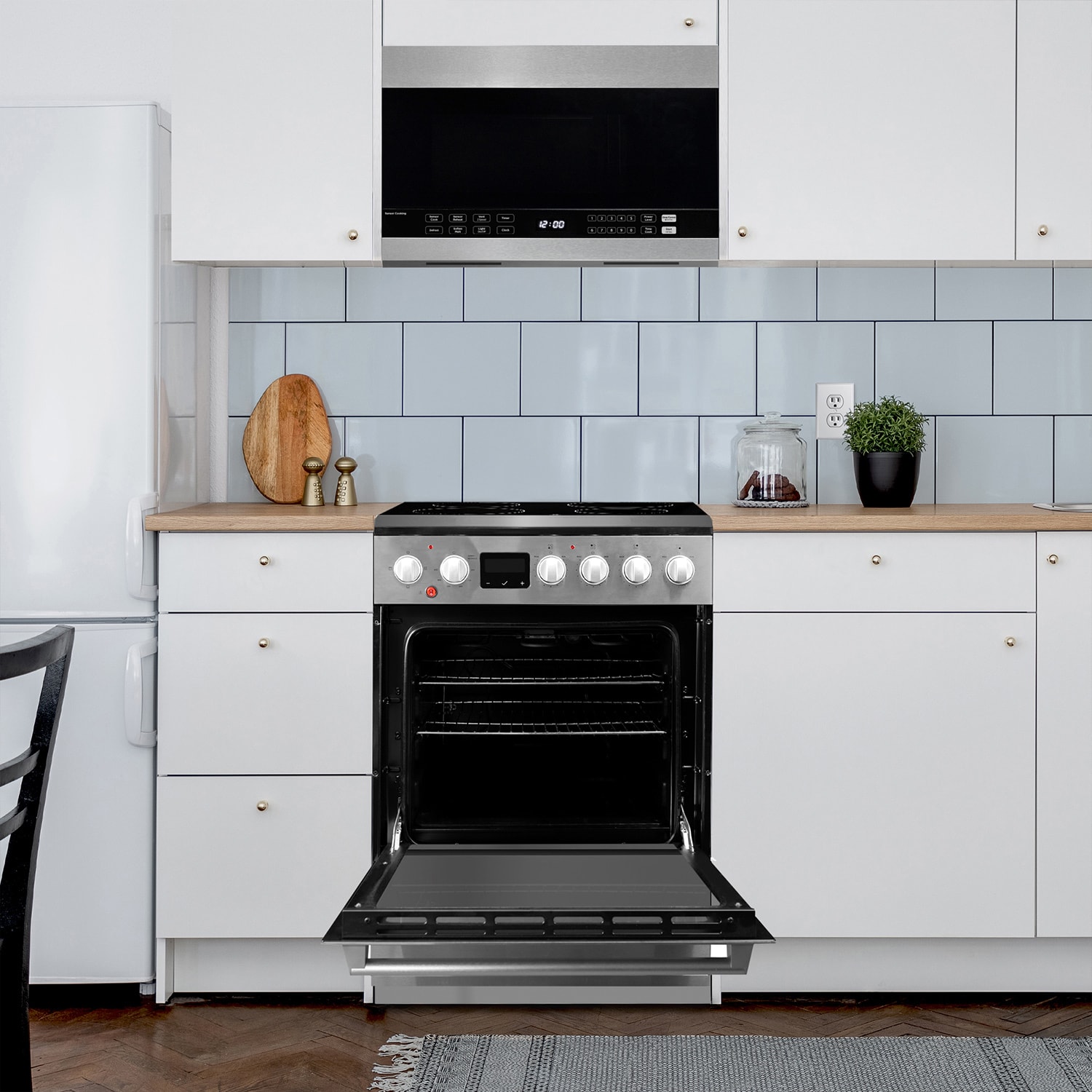 Estufa eléctrica deslizable con 4 quemadores de vidrio de 24 pulgadas y freidora de aire de 2.5 pies cúbicos en acero inoxidable