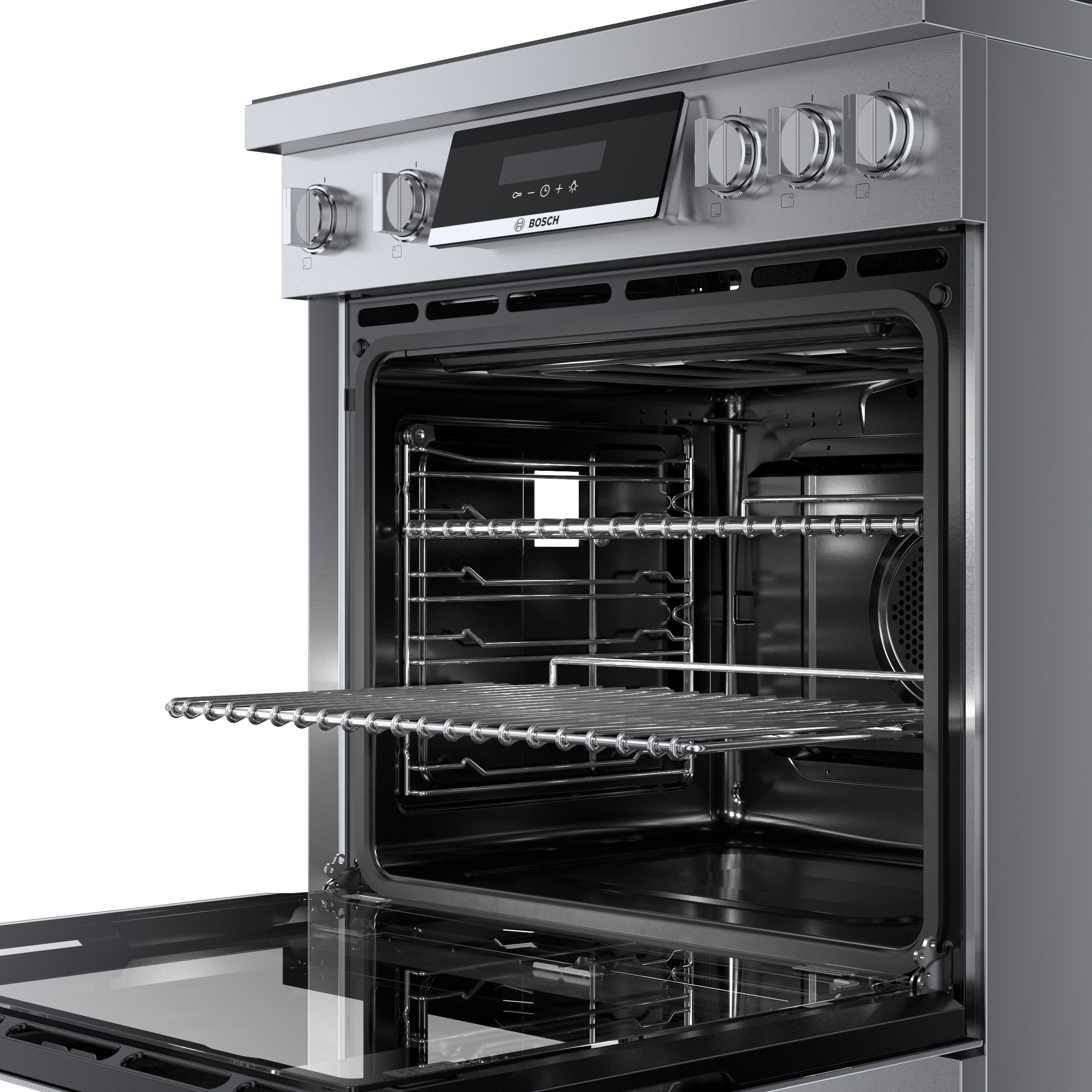 Estufa de inducción de un solo quemador independiente, con horno de convección, 30 pulgadas de la serie 800 de Bosch, 4 quemadores y 3.9 pies cúbicos de capacidad en acero inoxidable.