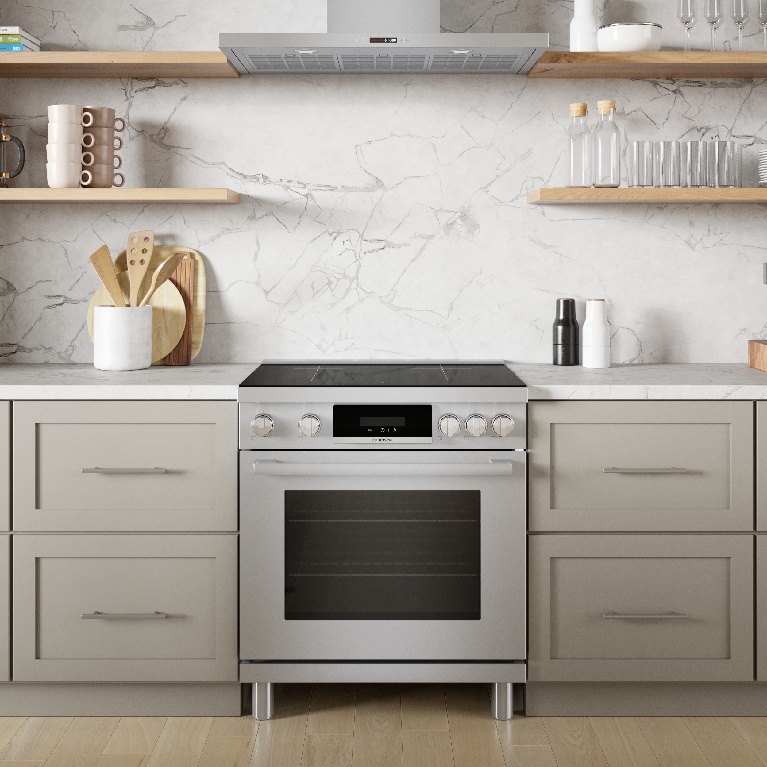 Estufa de inducción de un solo quemador independiente, con horno de convección, 30 pulgadas de la serie 800 de Bosch, 4 quemadores y 3.9 pies cúbicos de capacidad en acero inoxidable.