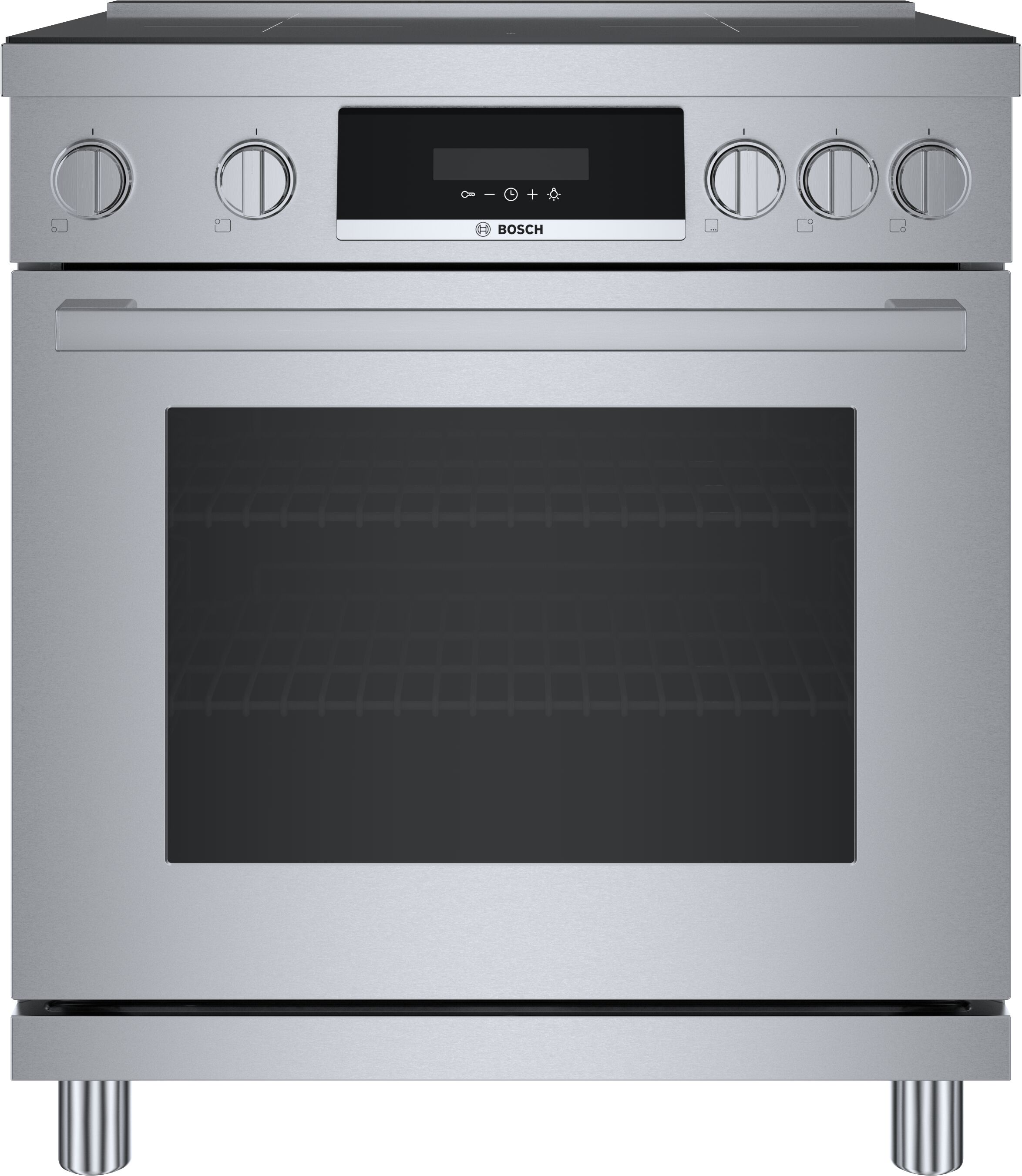 Estufa de inducción de un solo quemador independiente, con horno de convección, 30 pulgadas de la serie 800 de Bosch, 4 quemadores y 3.9 pies cúbicos de capacidad en acero inoxidable.