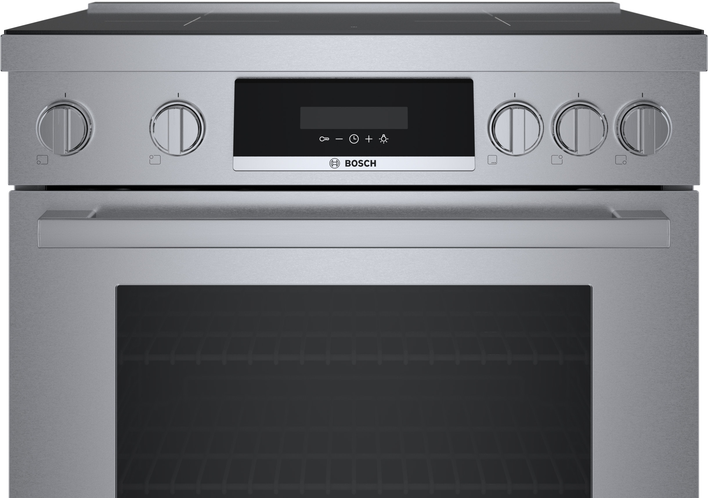 Estufa de inducción de un solo quemador independiente, con horno de convección, 30 pulgadas de la serie 800 de Bosch, 4 quemadores y 3.9 pies cúbicos de capacidad en acero inoxidable.