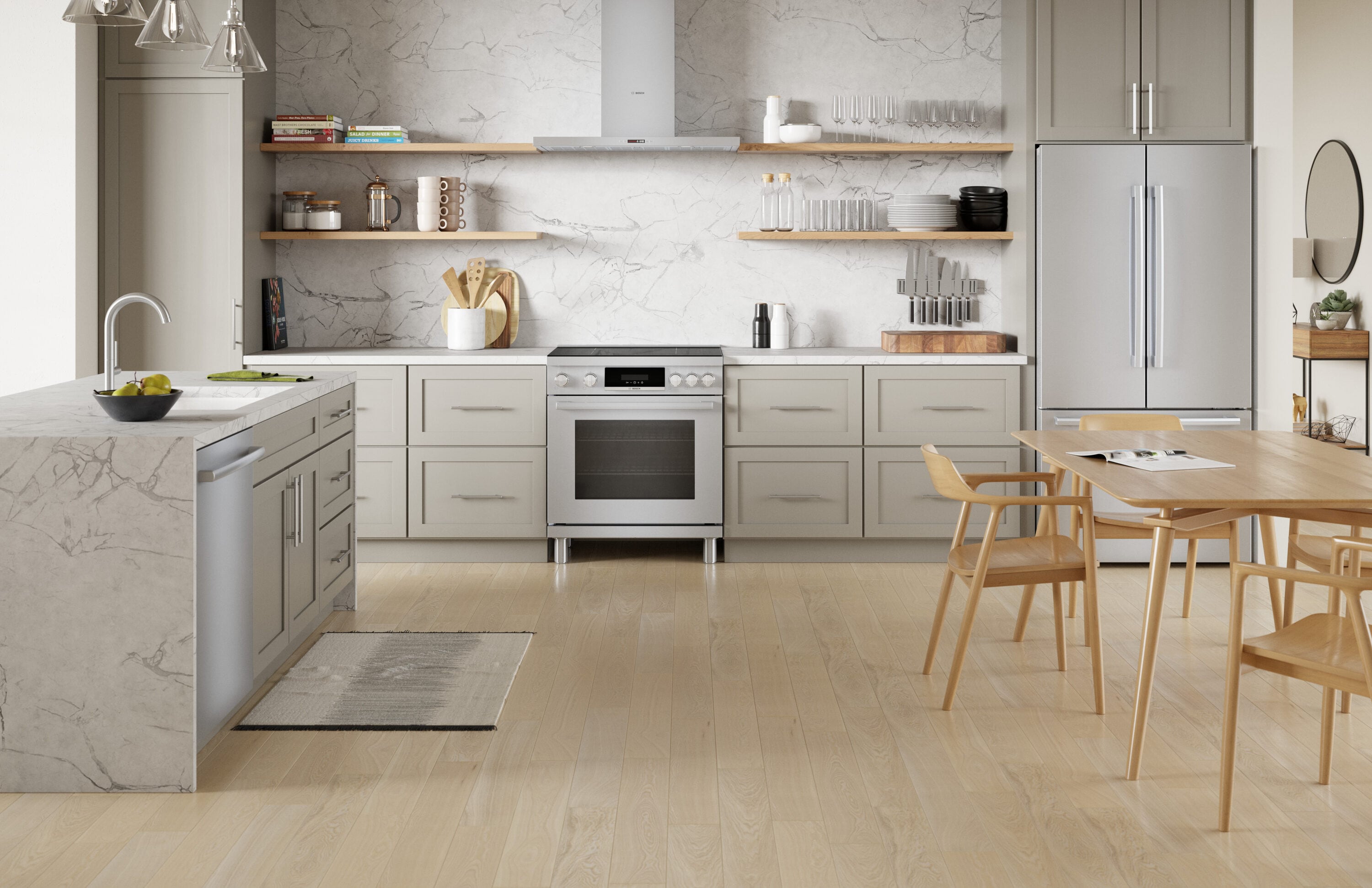 Estufa de inducción de un solo quemador independiente, con horno de convección, 30 pulgadas de la serie 800 de Bosch, 4 quemadores y 3.9 pies cúbicos de capacidad en acero inoxidable.