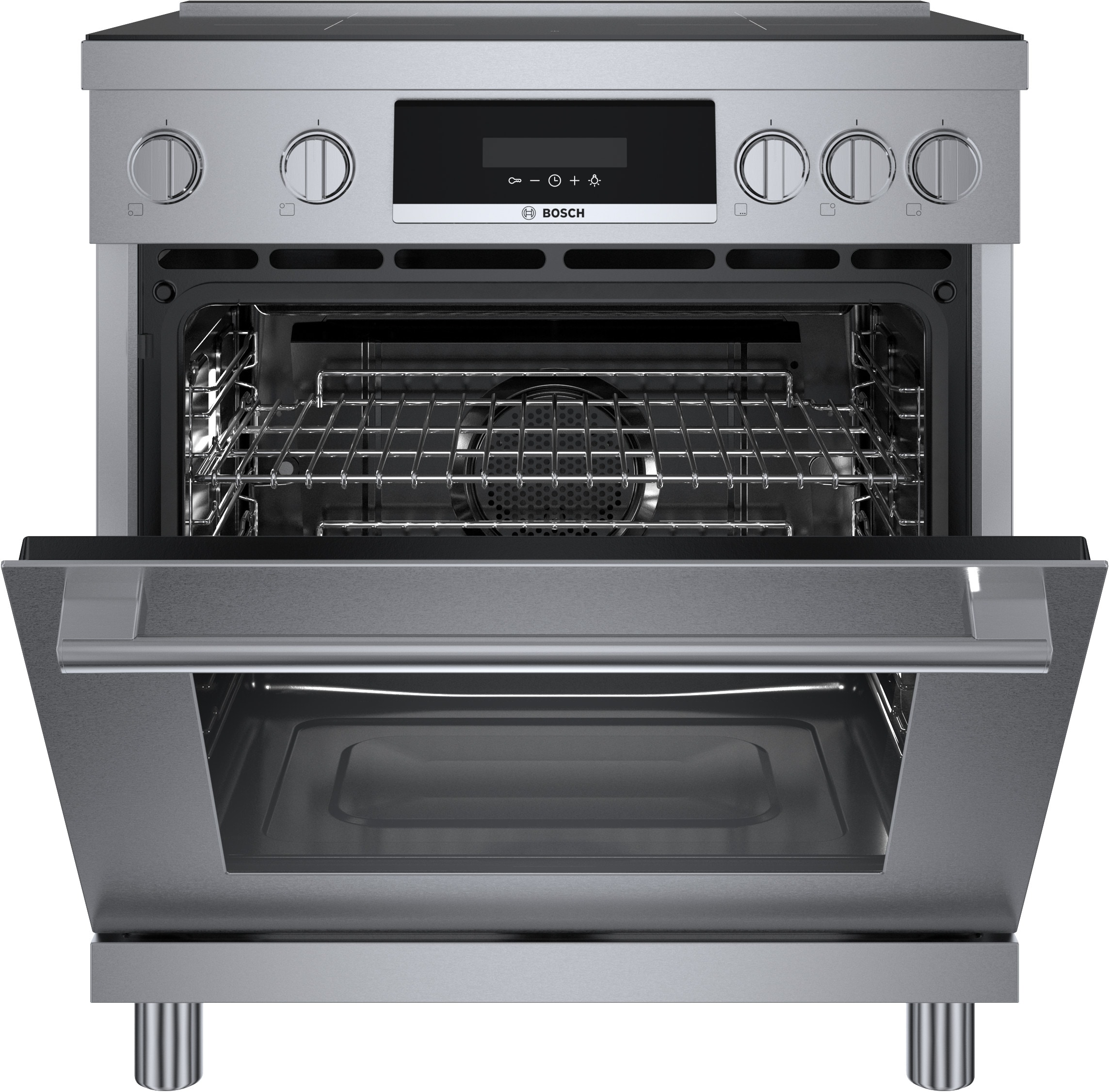 Estufa de inducción de un solo quemador independiente, con horno de convección, 30 pulgadas de la serie 800 de Bosch, 4 quemadores y 3.9 pies cúbicos de capacidad en acero inoxidable.