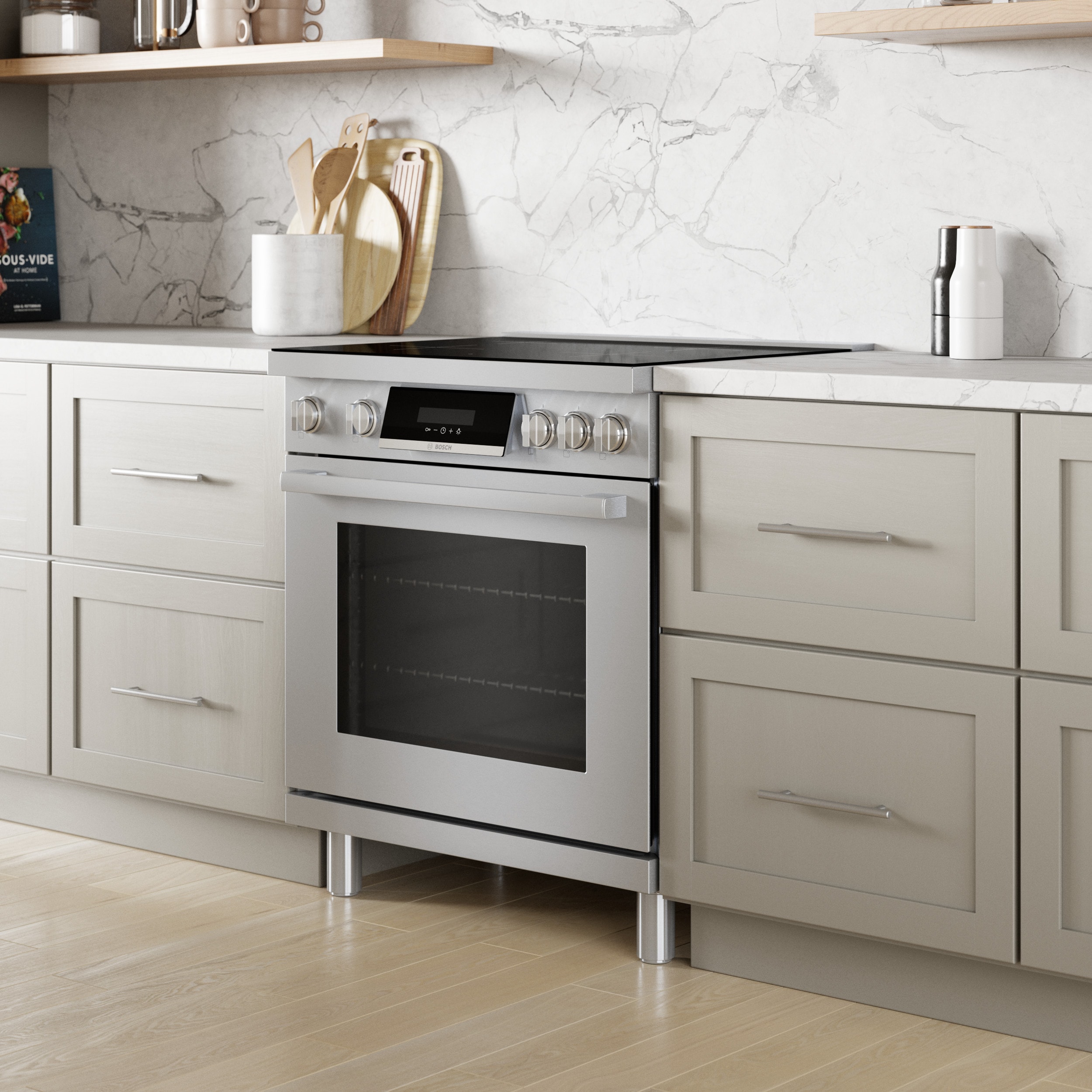 Estufa de inducción de un solo quemador independiente, con horno de convección, 30 pulgadas de la serie 800 de Bosch, 4 quemadores y 3.9 pies cúbicos de capacidad en acero inoxidable.