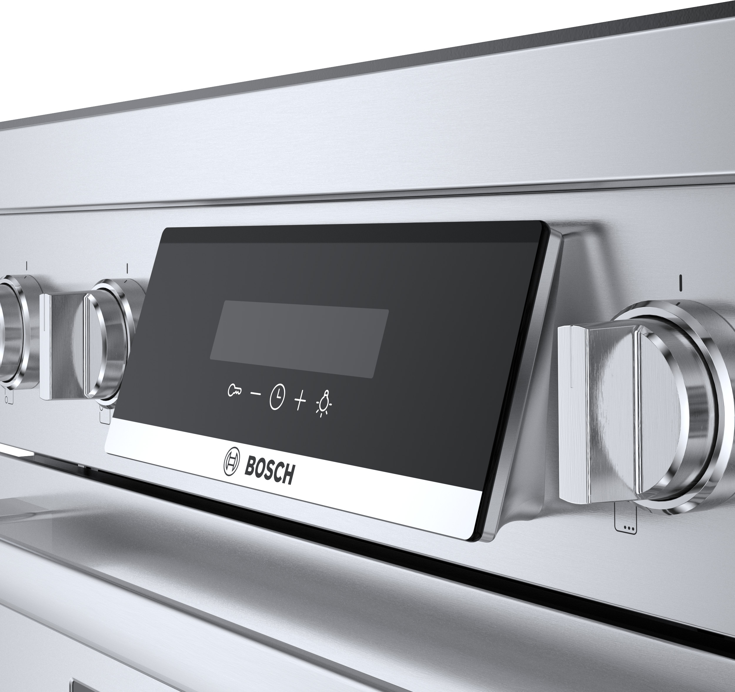 Estufa de inducción de un solo quemador independiente, con horno de convección, 30 pulgadas de la serie 800 de Bosch, 4 quemadores y 3.9 pies cúbicos de capacidad en acero inoxidable.