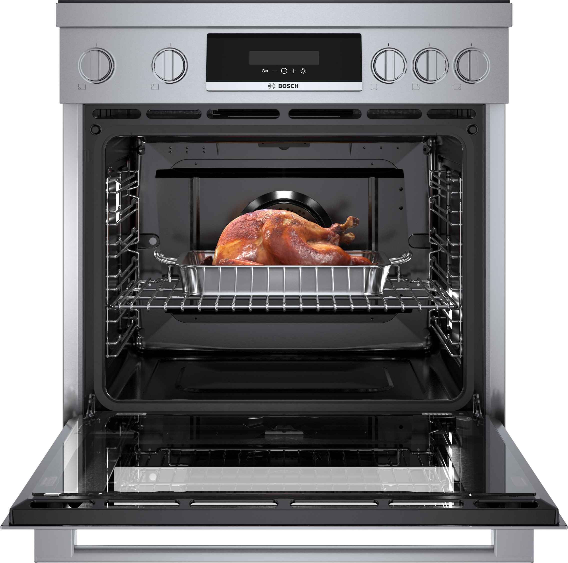 Estufa de inducción de un solo quemador independiente, con horno de convección, 30 pulgadas de la serie 800 de Bosch, 4 quemadores y 3.9 pies cúbicos de capacidad en acero inoxidable.