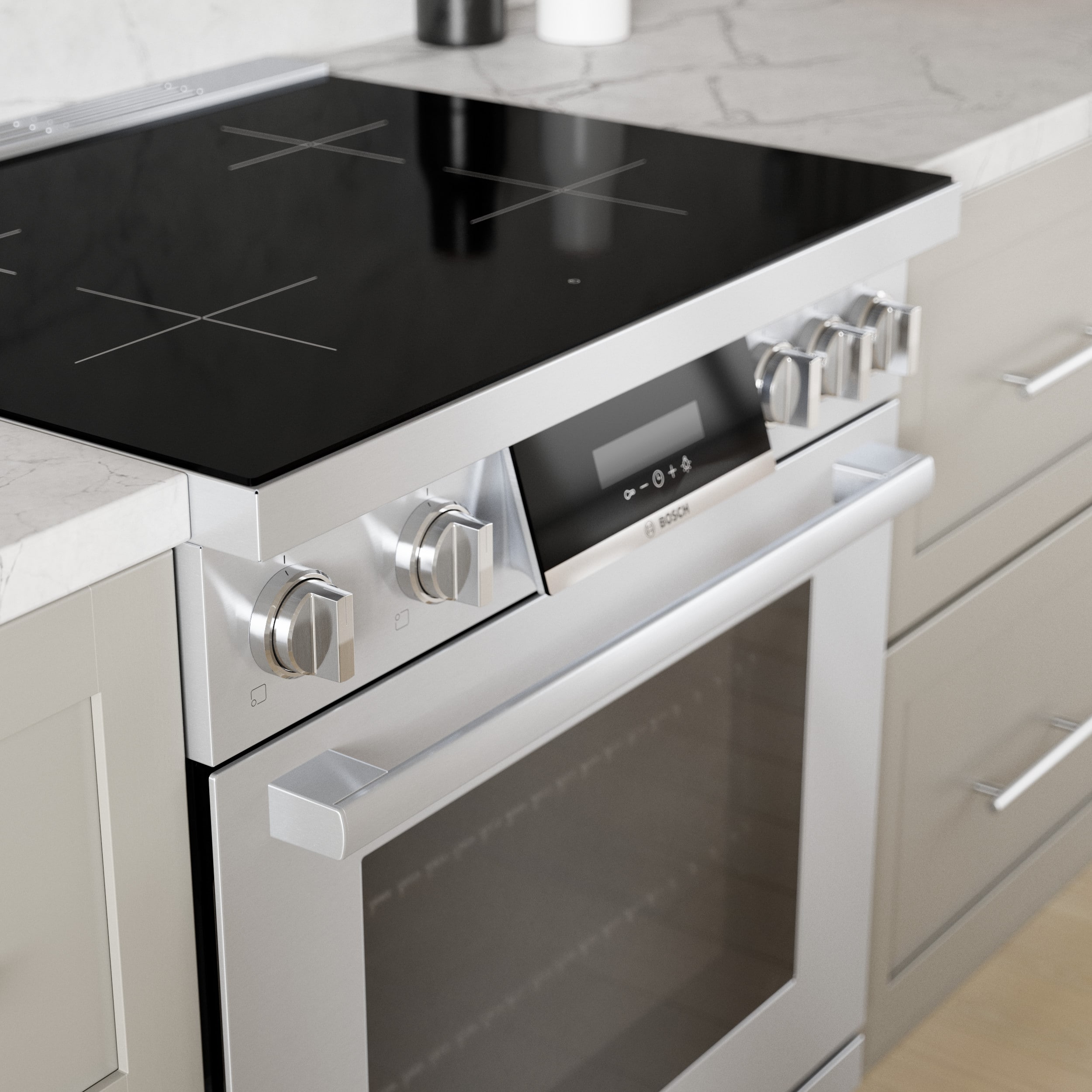 Estufa de inducción de un solo quemador independiente, con horno de convección, 30 pulgadas de la serie 800 de Bosch, 4 quemadores y 3.9 pies cúbicos de capacidad en acero inoxidable.