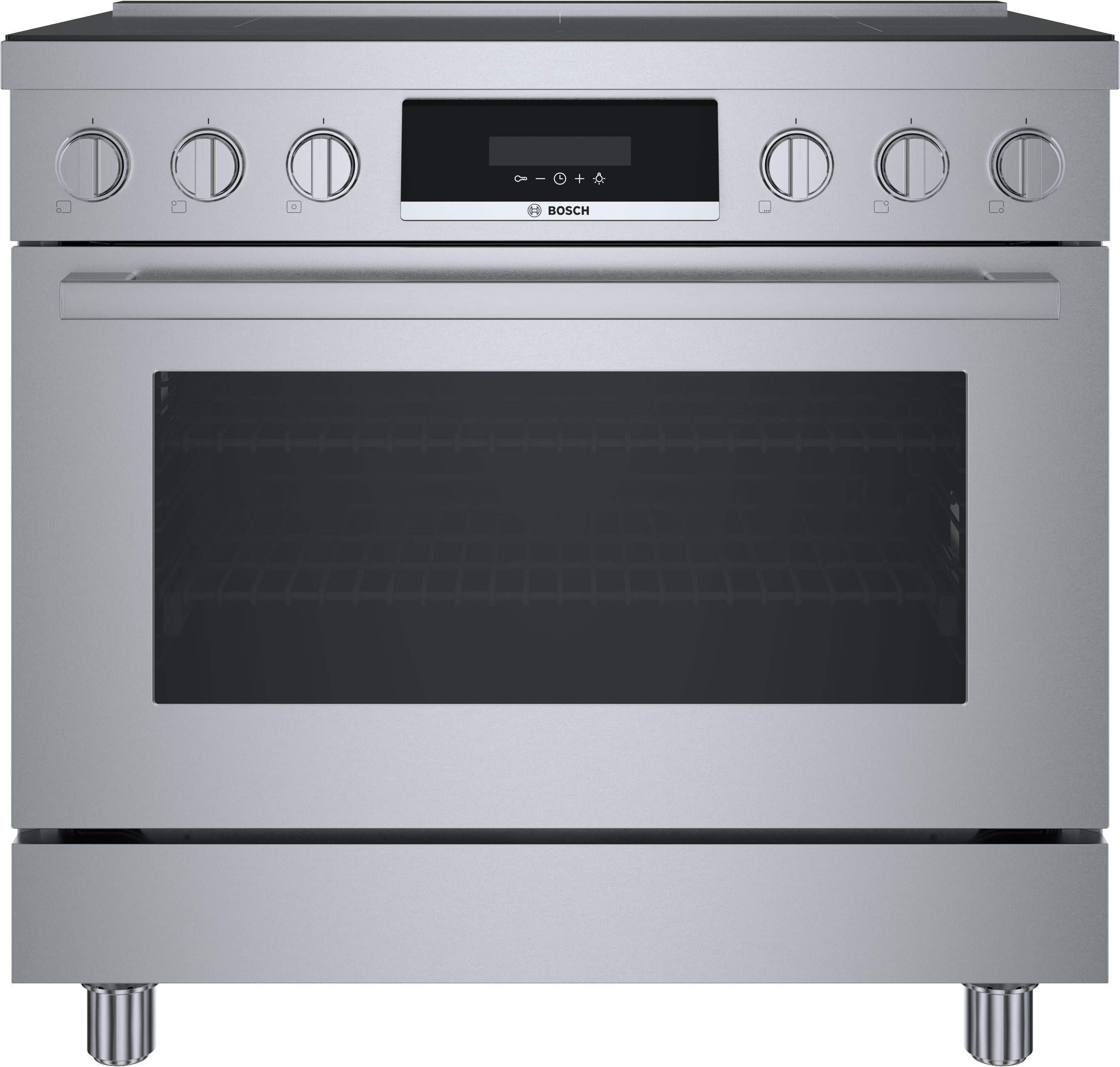 Estufa de inducción de un solo rango independiente con horno de convección de 3.7 pies cúbicos, 5 quemadores y 36 pulgadas de la Serie 800 de Bosch (Acero inoxidable) HIS8655U