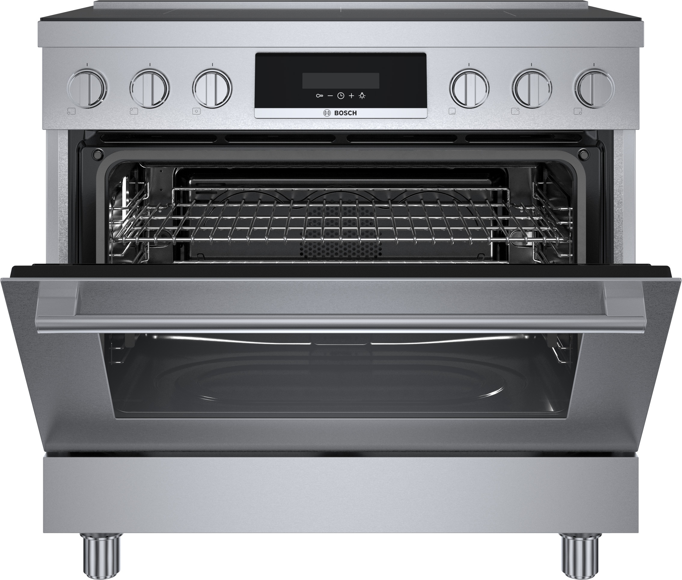 Estufa de inducción de un solo rango independiente con horno de convección de 3.7 pies cúbicos, 5 quemadores y 36 pulgadas de la Serie 800 de Bosch (Acero inoxidable) HIS8655U