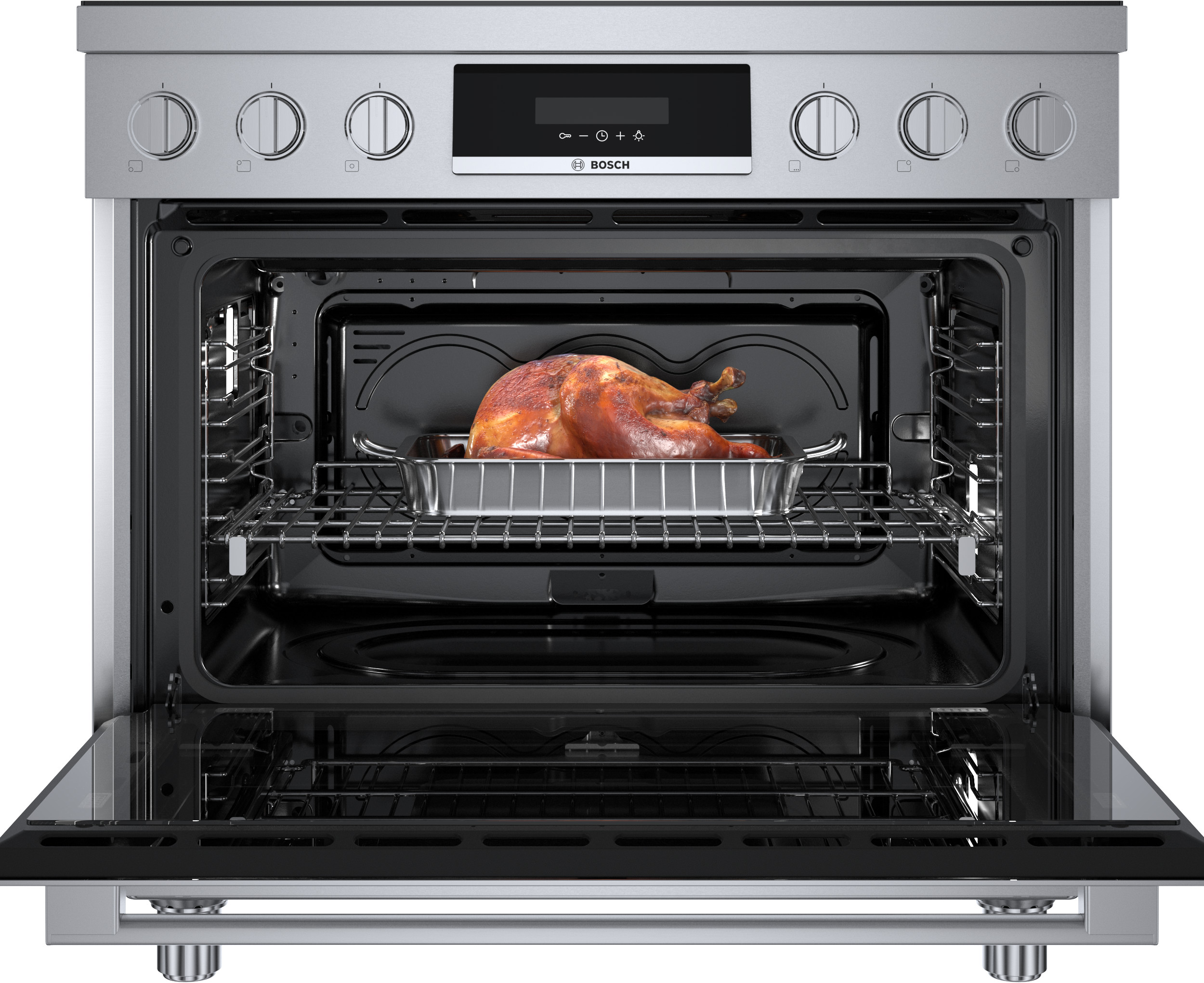 Estufa de inducción de un solo rango independiente con horno de convección de 3.7 pies cúbicos, 5 quemadores y 36 pulgadas de la Serie 800 de Bosch (Acero inoxidable) HIS8655U