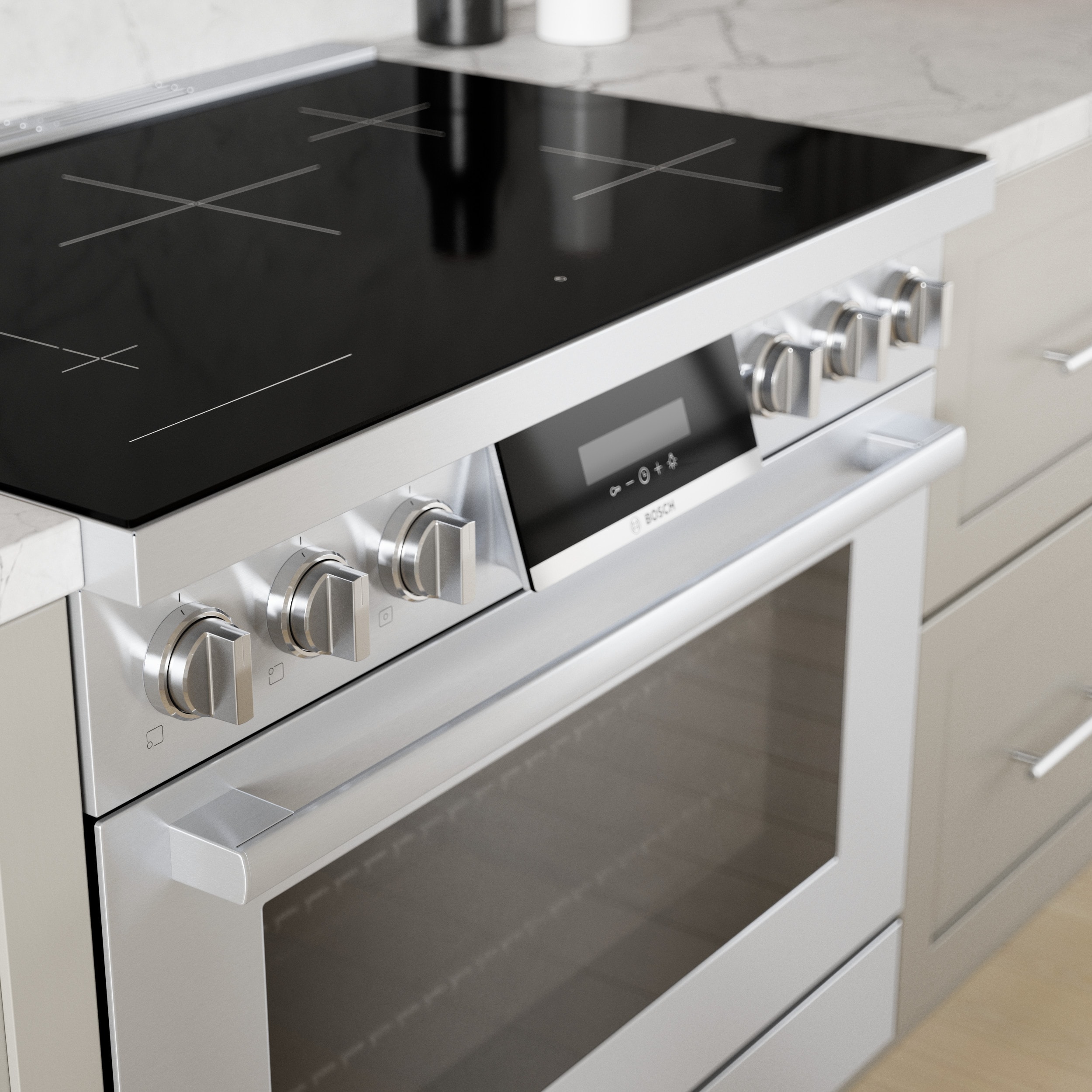 Estufa de inducción de un solo rango independiente con horno de convección de 3.7 pies cúbicos, 5 quemadores y 36 pulgadas de la Serie 800 de Bosch (Acero inoxidable) HIS8655U