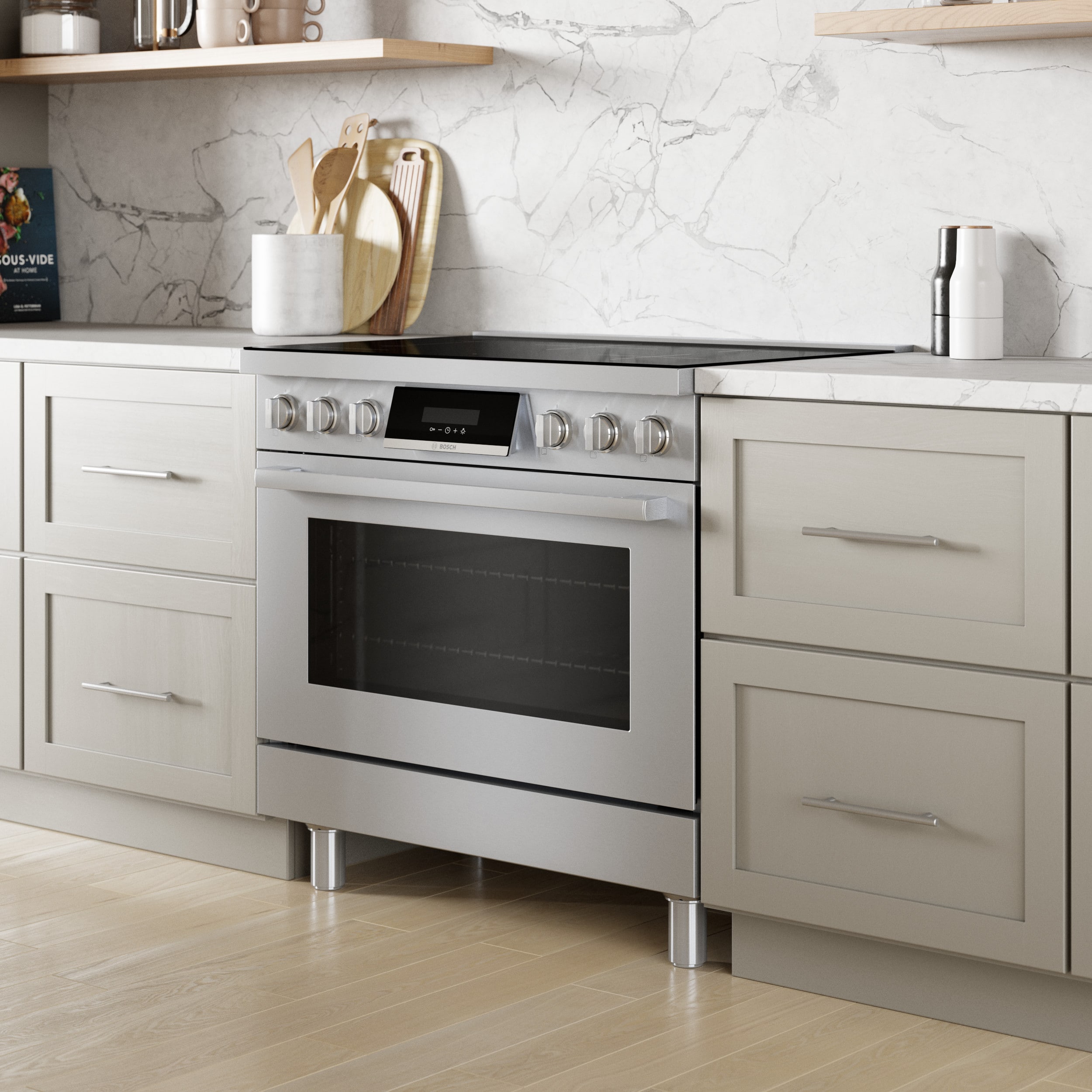 Estufa de inducción de un solo rango independiente con horno de convección de 3.7 pies cúbicos, 5 quemadores y 36 pulgadas de la Serie 800 de Bosch (Acero inoxidable) HIS8655U