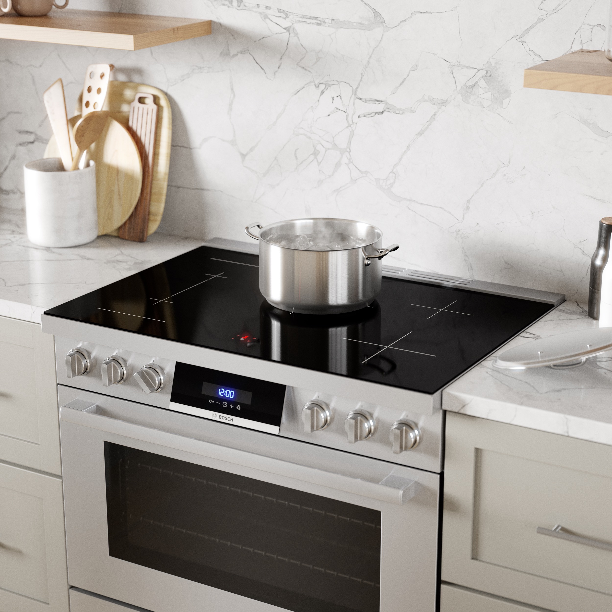 Estufa de inducción de un solo rango independiente con horno de convección de 3.7 pies cúbicos, 5 quemadores y 36 pulgadas de la Serie 800 de Bosch (Acero inoxidable) HIS8655U