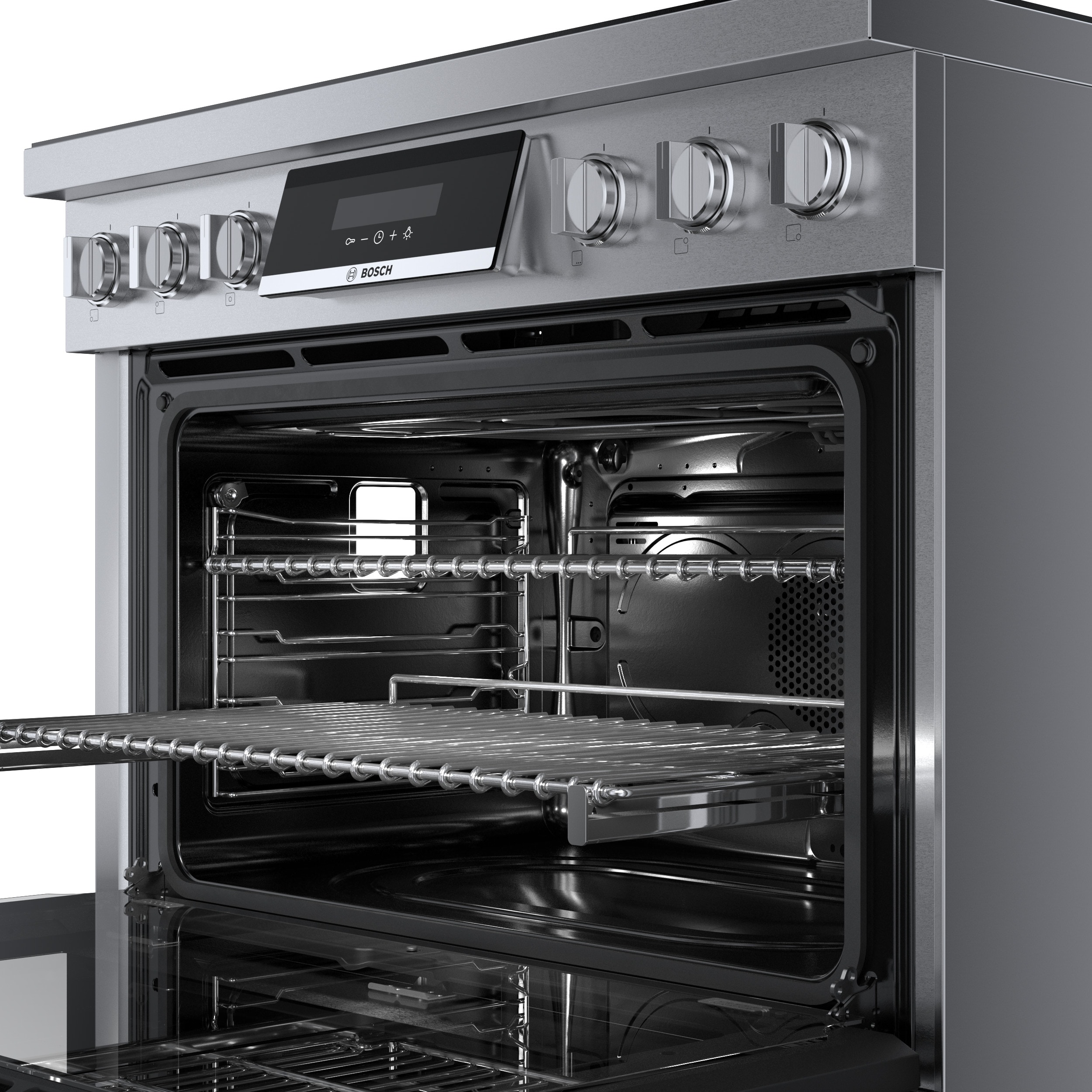 Estufa de inducción de un solo rango independiente con horno de convección de 3.7 pies cúbicos, 5 quemadores y 36 pulgadas de la Serie 800 de Bosch (Acero inoxidable) HIS8655U