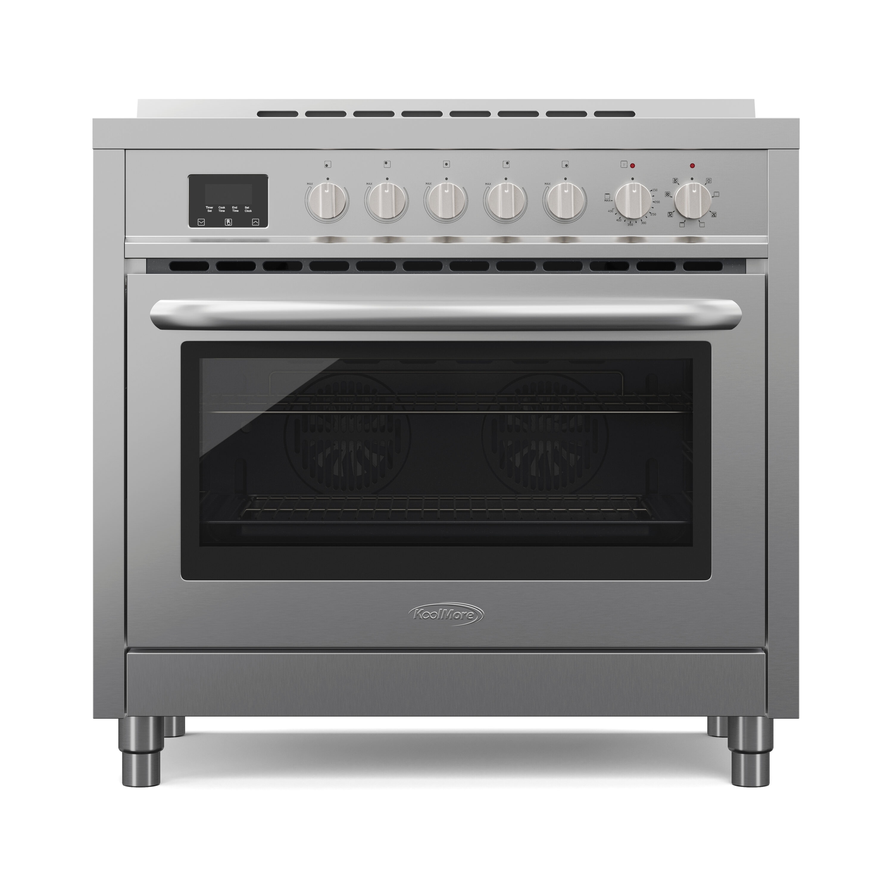 Estufa eléctrica independiente con horno de convección de 4.3 pies cúbicos y 5 quemadores de vidrio de 36 pulgadas con tapa de acero inoxidable.