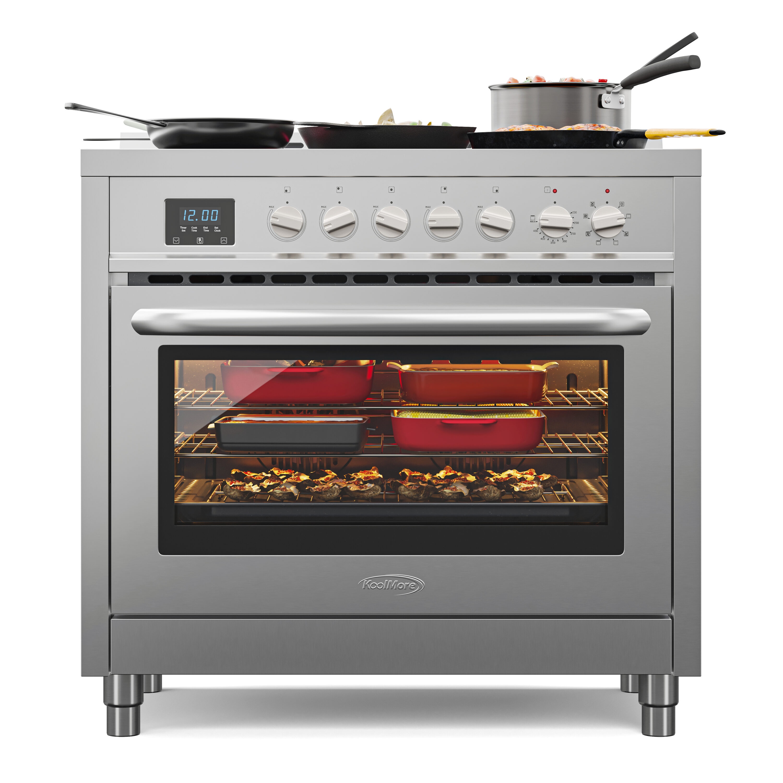 Estufa eléctrica independiente con horno de convección de 4.3 pies cúbicos y 5 quemadores de vidrio de 36 pulgadas con tapa de acero inoxidable.
