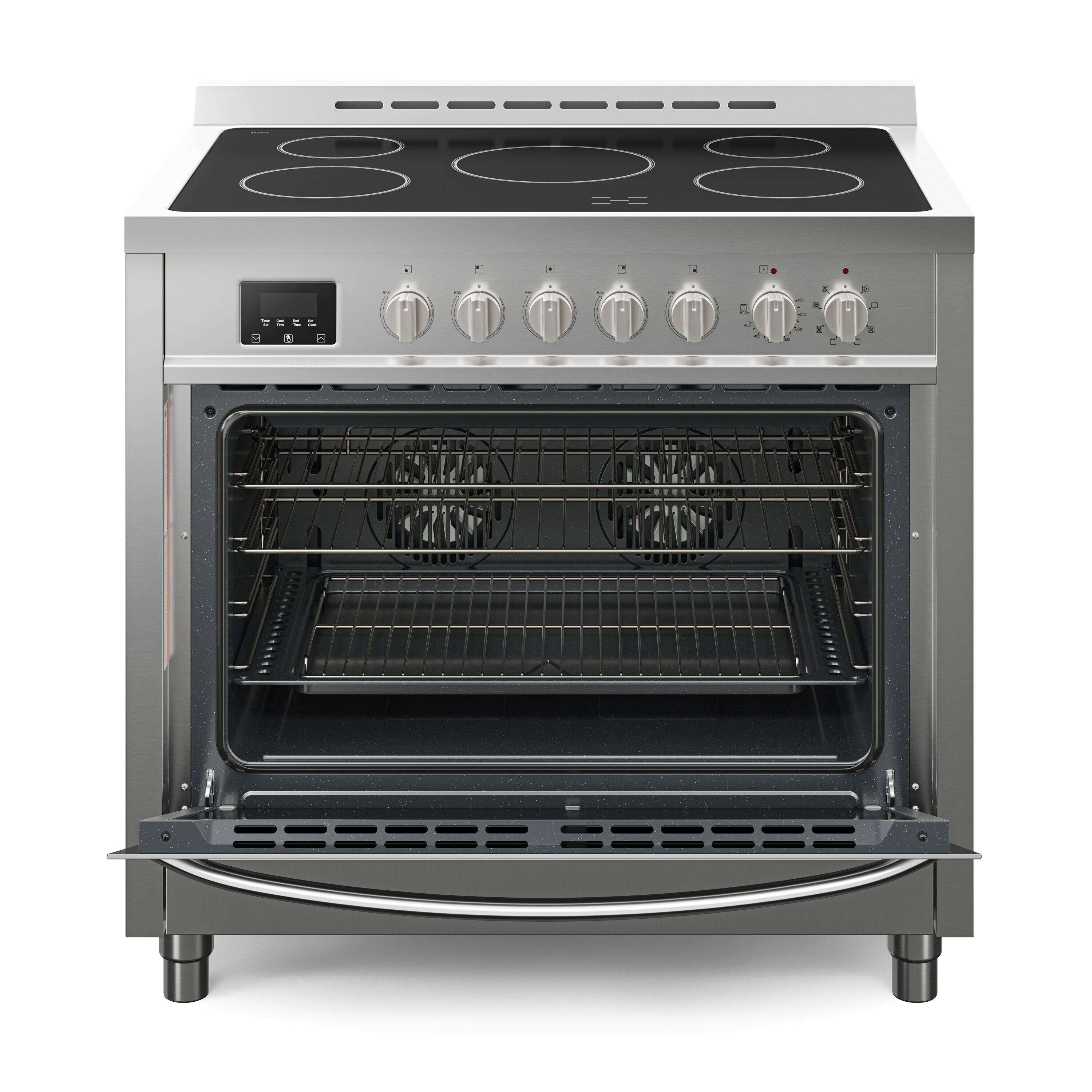 Estufa eléctrica independiente con horno de convección de 4.3 pies cúbicos y 5 quemadores de vidrio de 36 pulgadas con tapa de acero inoxidable.