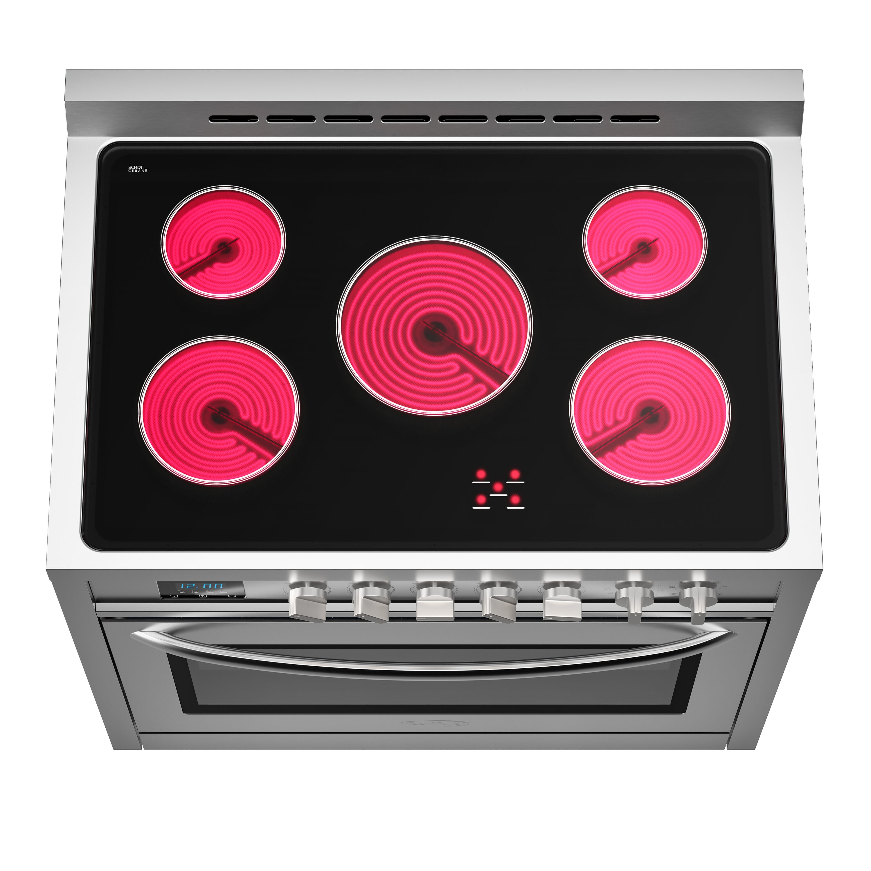 Estufa eléctrica independiente con horno de convección de 4.3 pies cúbicos y 5 quemadores de vidrio de 36 pulgadas con tapa de acero inoxidable.