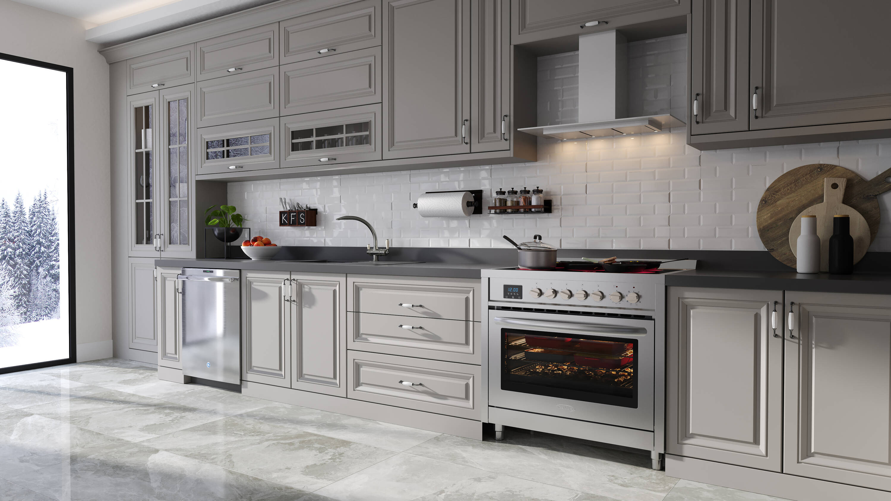 Estufa eléctrica independiente con horno de convección de 4.3 pies cúbicos y 5 quemadores de vidrio de 36 pulgadas con tapa de acero inoxidable.