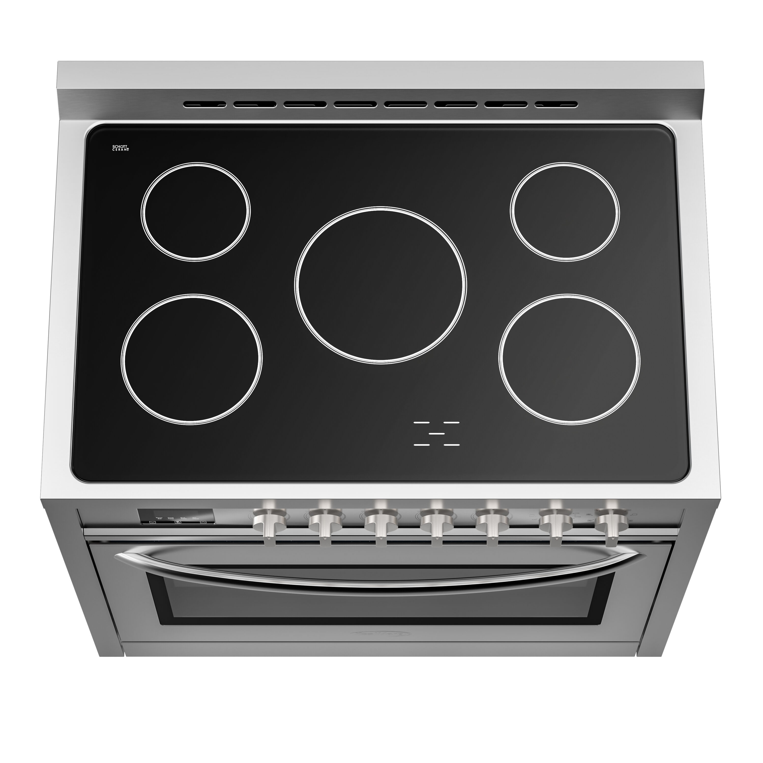 Estufa eléctrica independiente con horno de convección de 4.3 pies cúbicos y 5 quemadores de vidrio de 36 pulgadas con tapa de acero inoxidable.