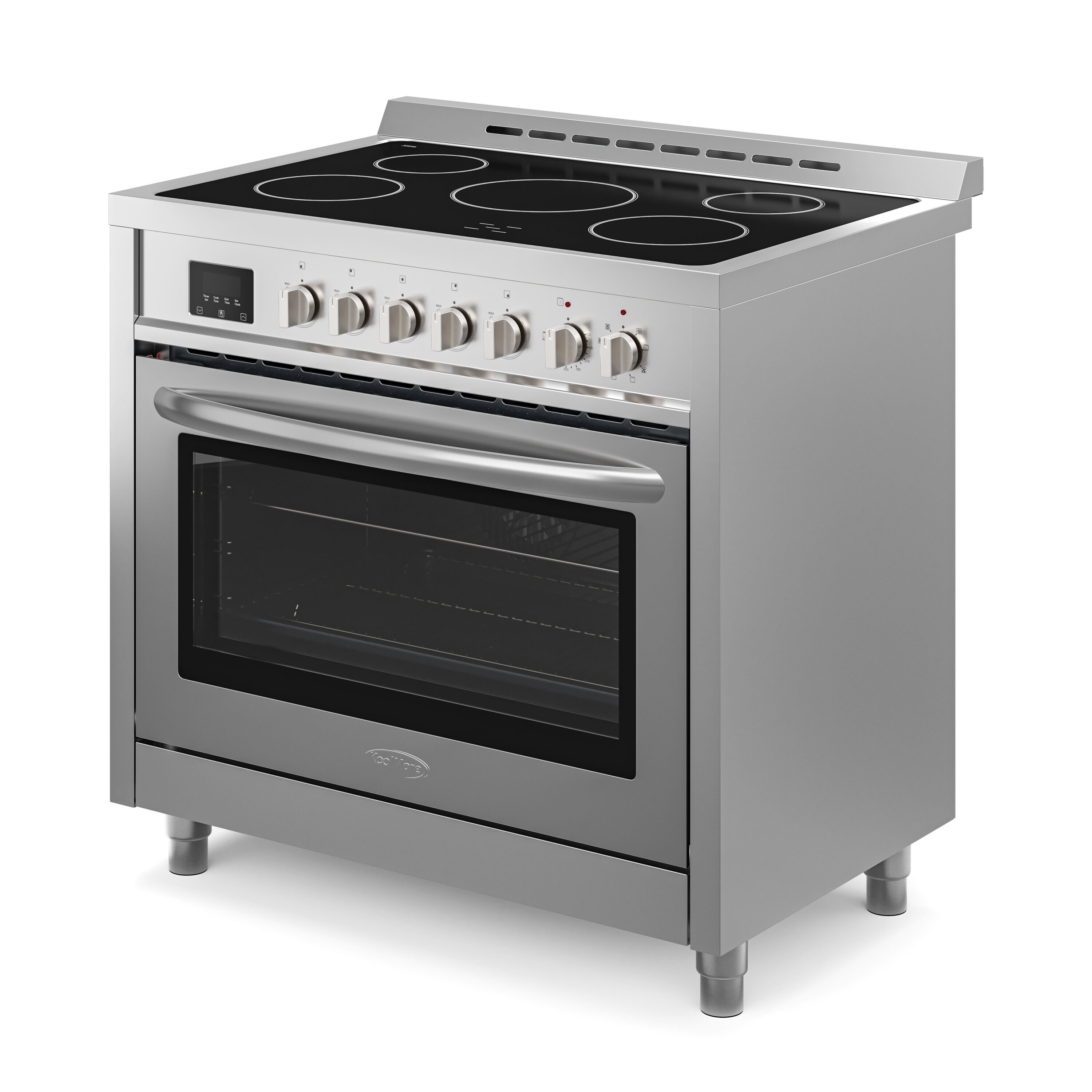 Estufa eléctrica independiente con horno de convección de 4.3 pies cúbicos y 5 quemadores de vidrio de 36 pulgadas con tapa de acero inoxidable.