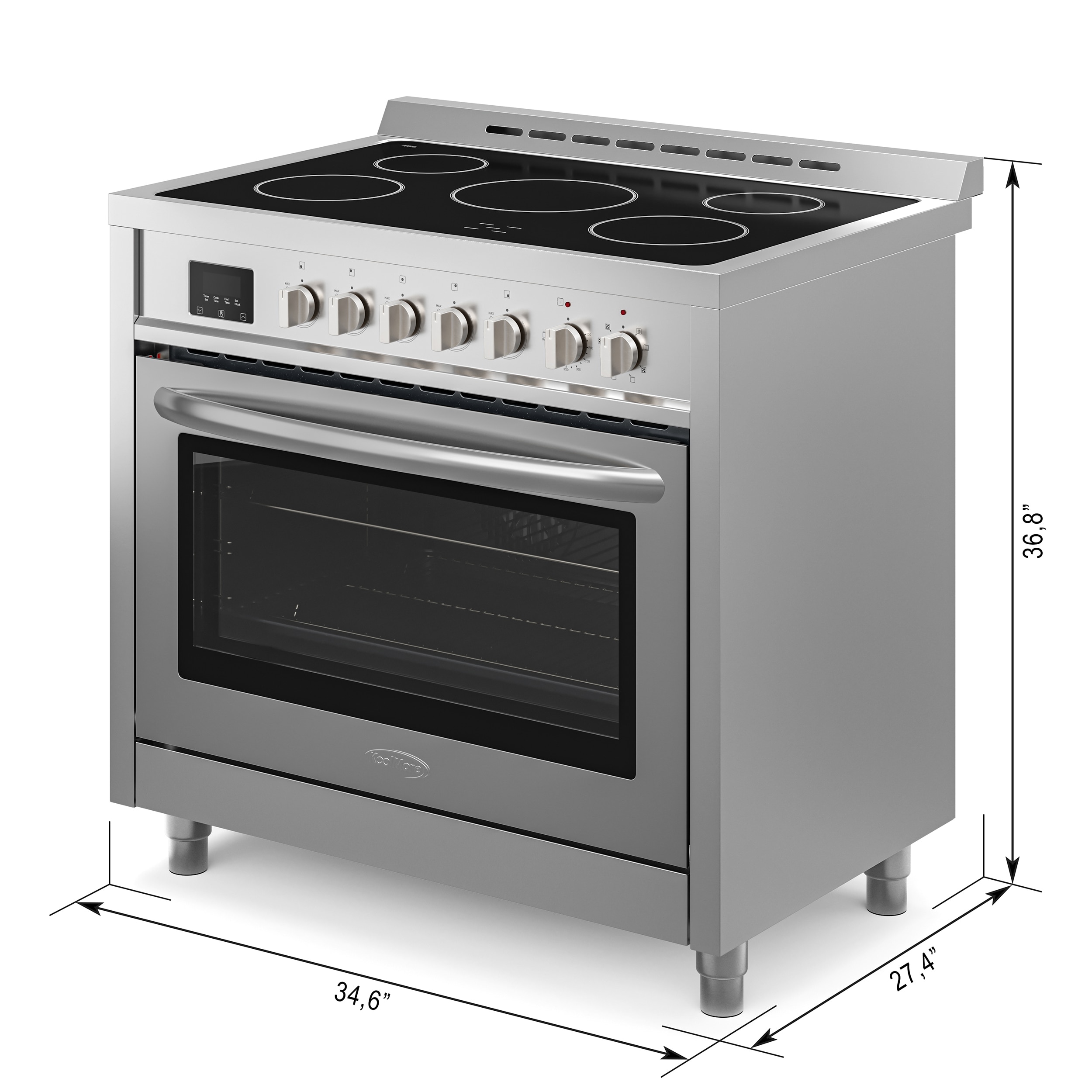 Estufa eléctrica independiente con horno de convección de 4.3 pies cúbicos y 5 quemadores de vidrio de 36 pulgadas con tapa de acero inoxidable.