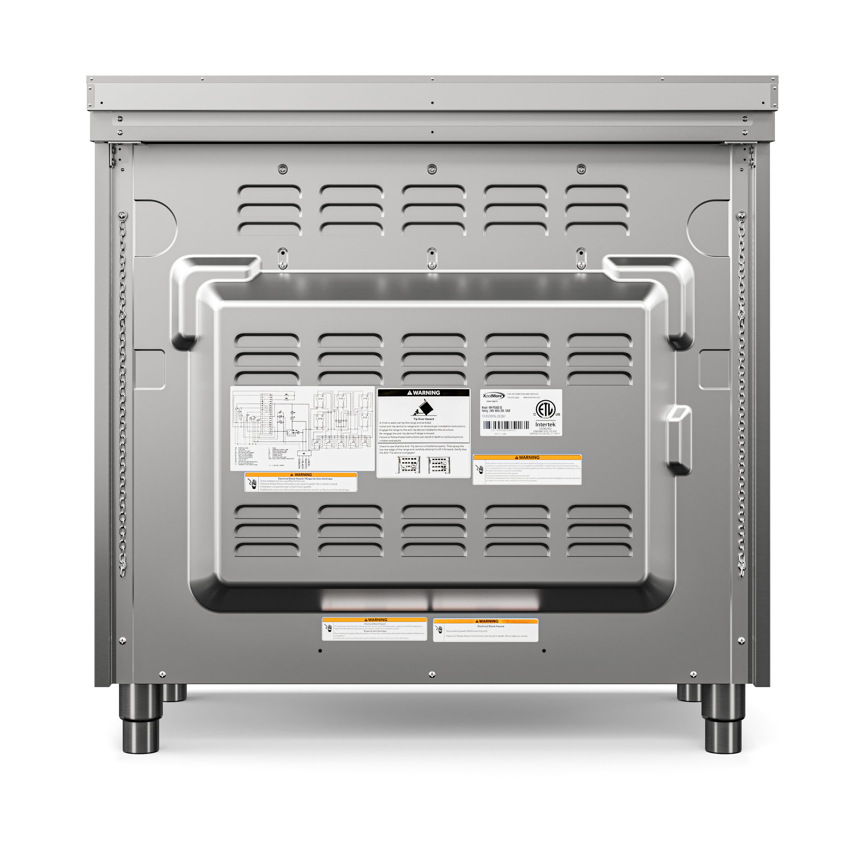 Estufa eléctrica independiente con horno de convección de 4.3 pies cúbicos y 5 quemadores de vidrio de 36 pulgadas con tapa de acero inoxidable.